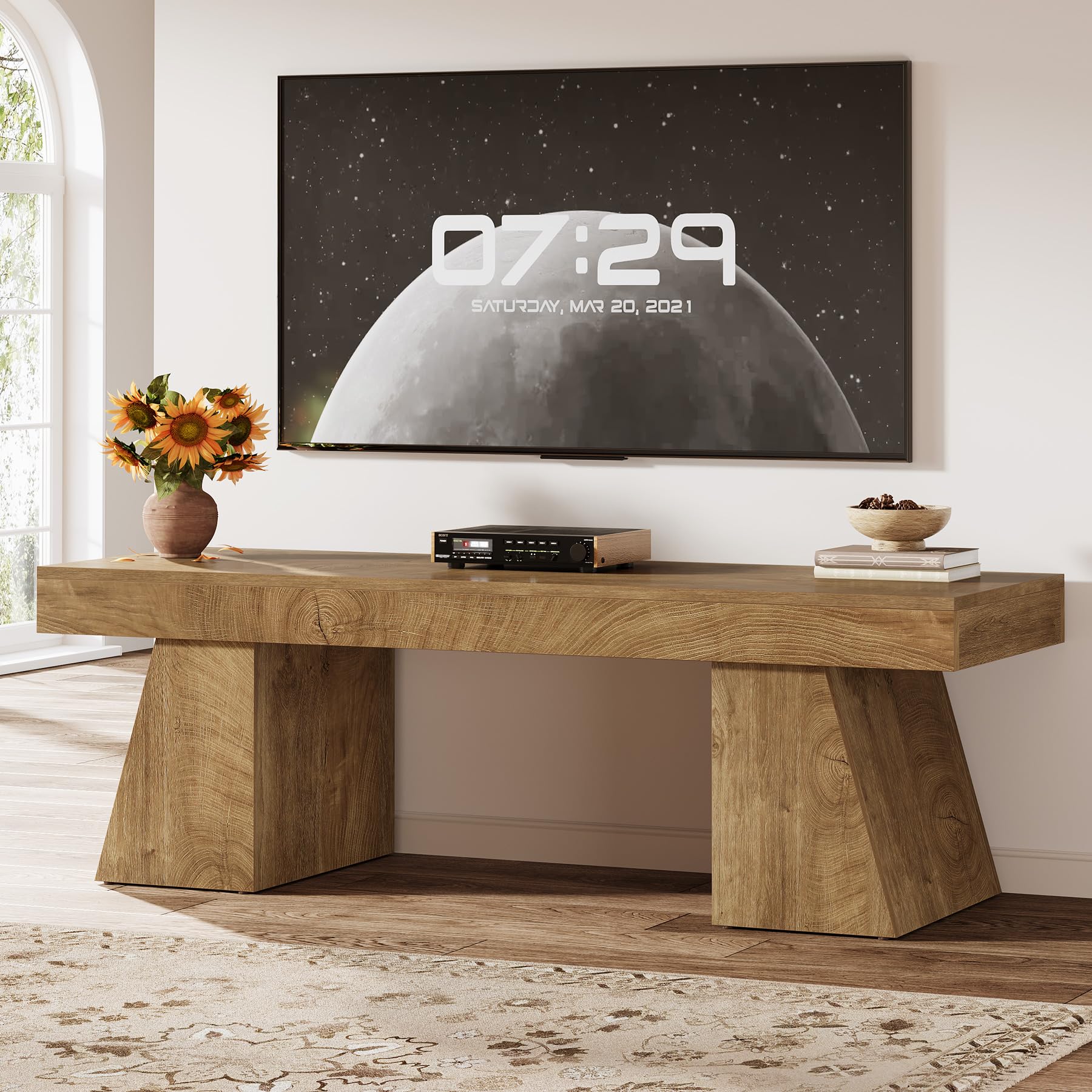 Tribesigns Meuble TV de 63" pour téléviseurs de 55/60/65/75", centre de divertissement de ferme avec double piédestal géométrique, console multimédia pour salon, chambre à coucher, naturel