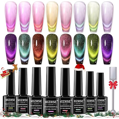 MIZHSE 9D Cat Eye Gel Nail Polish 8 Colors, Neon Collection Magnetic Gel Polish Set with Magnet Stick, Chameleon Color Shifting Cateye Nail Effect Soak Off Nail Art Manicure Home Ladies Gift