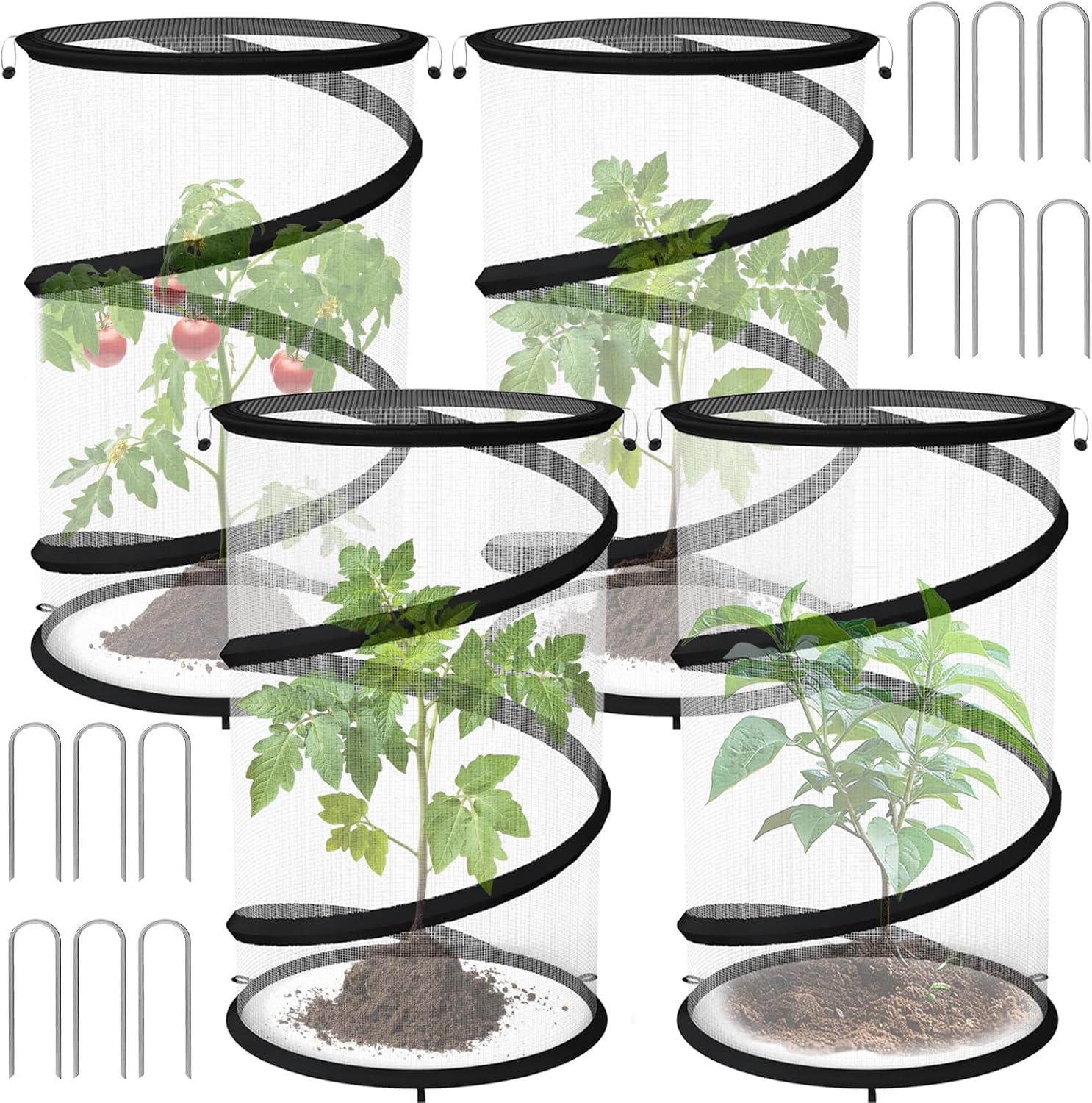 Erinaik 4 Pack Pop up Plant Guard Covers Tent from Animals White, 19.6" x 11.8" Foldable Plant Protectors Mesh Net, Garden Plant Enclosure Protection Cage with Stakes & Carry Bag for Outdoor Plants