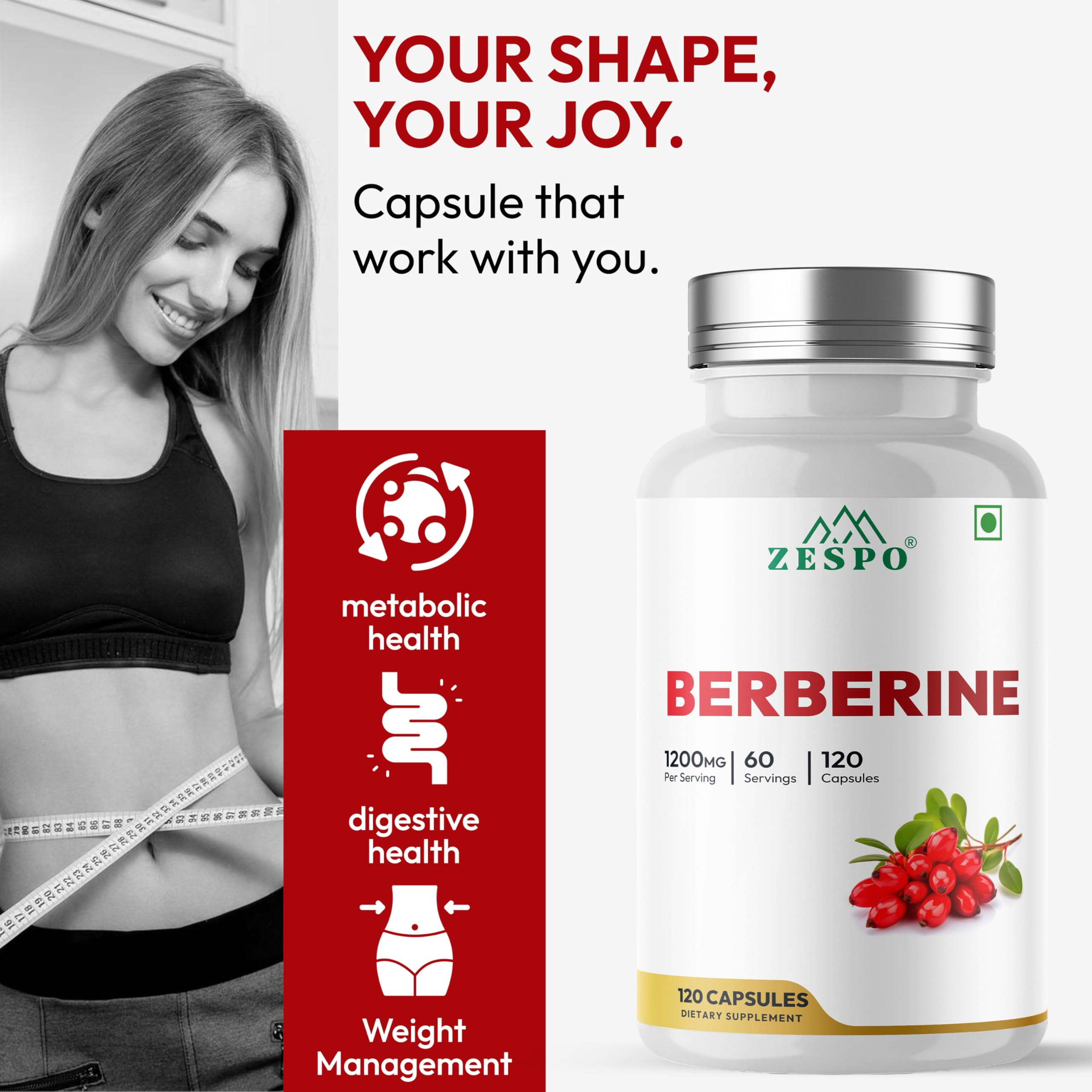Zespo Berberine HCl 1200mg per Serving with Milk Thistle, Turmeric, Ceylon Cinnamon & Black Pepper | Metabolism & Digestive Wellness Support | Vegan, Non-GMO | 120 Capsules 2