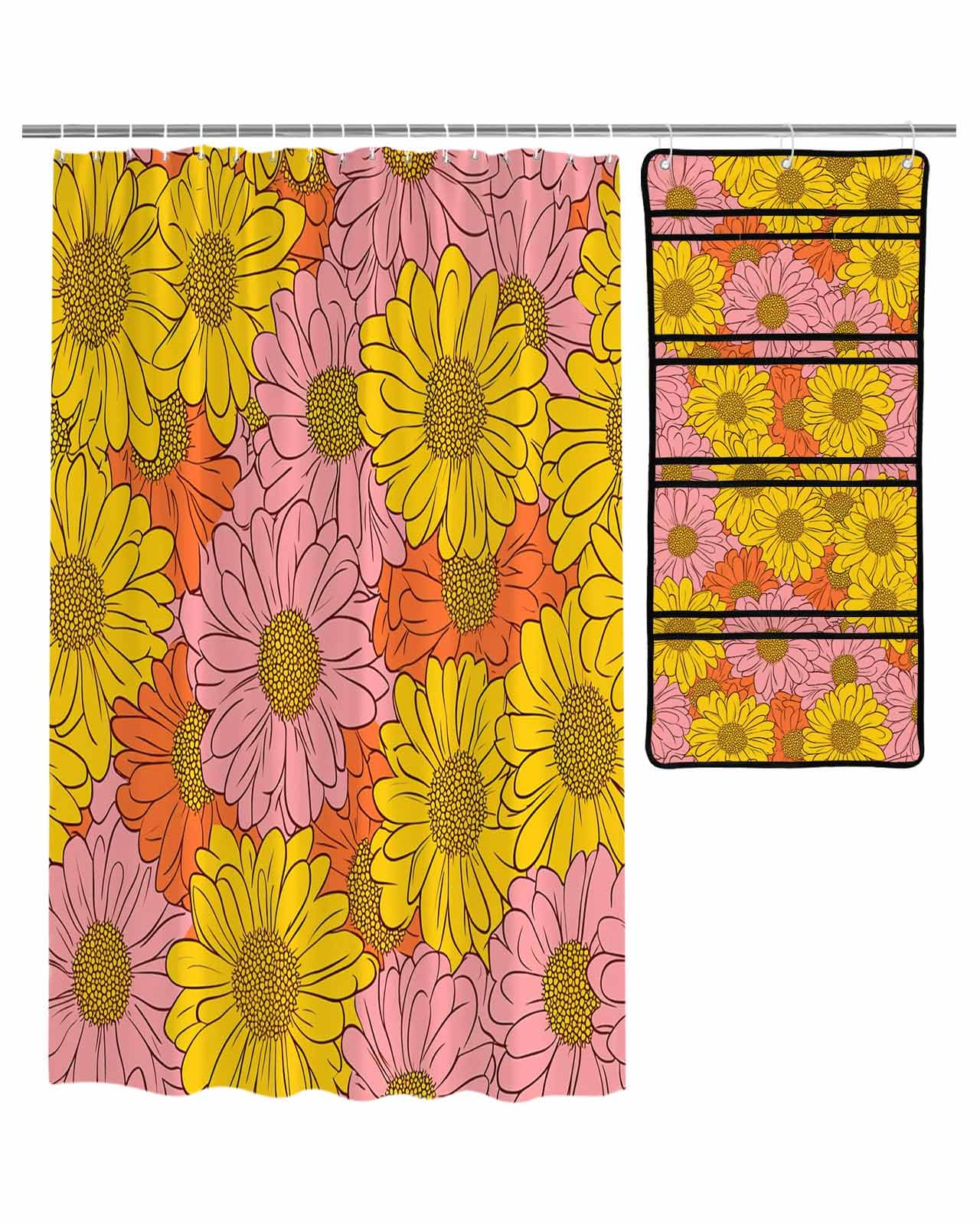 ZFUNCING Shower Curtain Mesh Shower Organizer Set Pink Orange Yellow Chrysanthemum Waterproof Bath Curtains Hanging Shower Caddy Bathroom