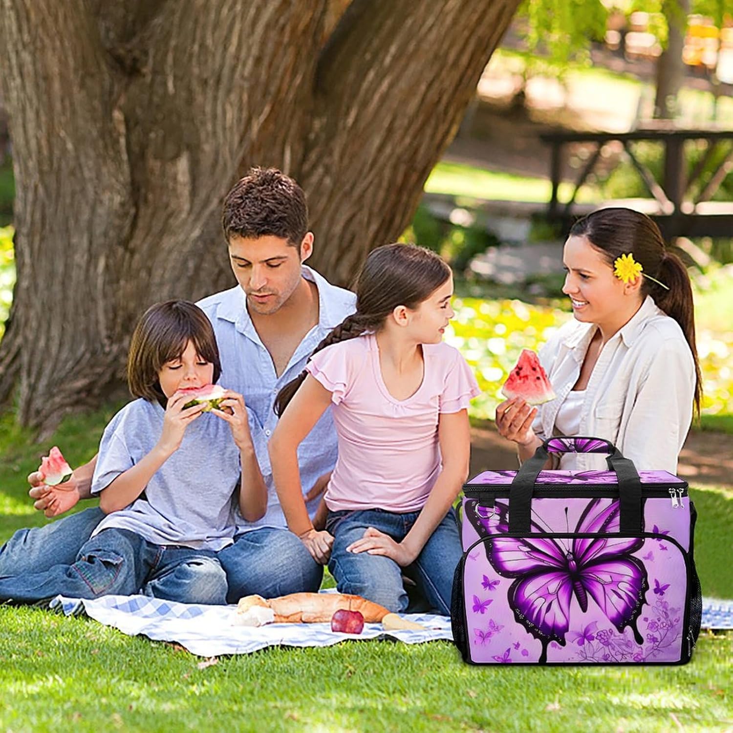 Large Capacity Oxford Cloth Purple Butterfly Printed Camping Ice Bag, Outdoor Portable Insulation and Cooling Bag, Suitable for Outdoor Camping and Picnics
