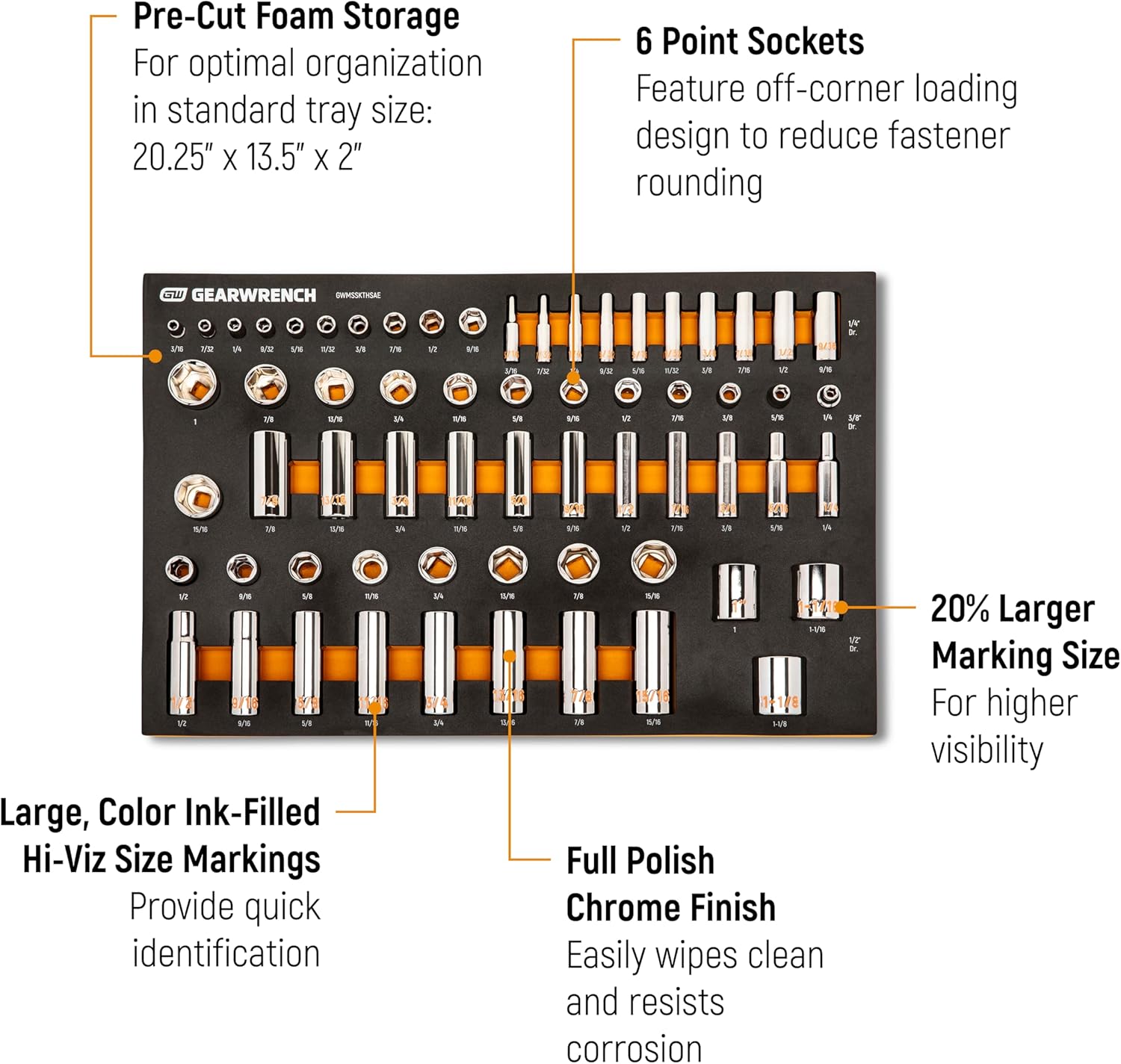 GEARWRENCH 63 Piece 1/4", 3/8" & 1/2" Drive Hi-Viz SAE Socket Set in Foam Tray | GWMSSKTHSAE