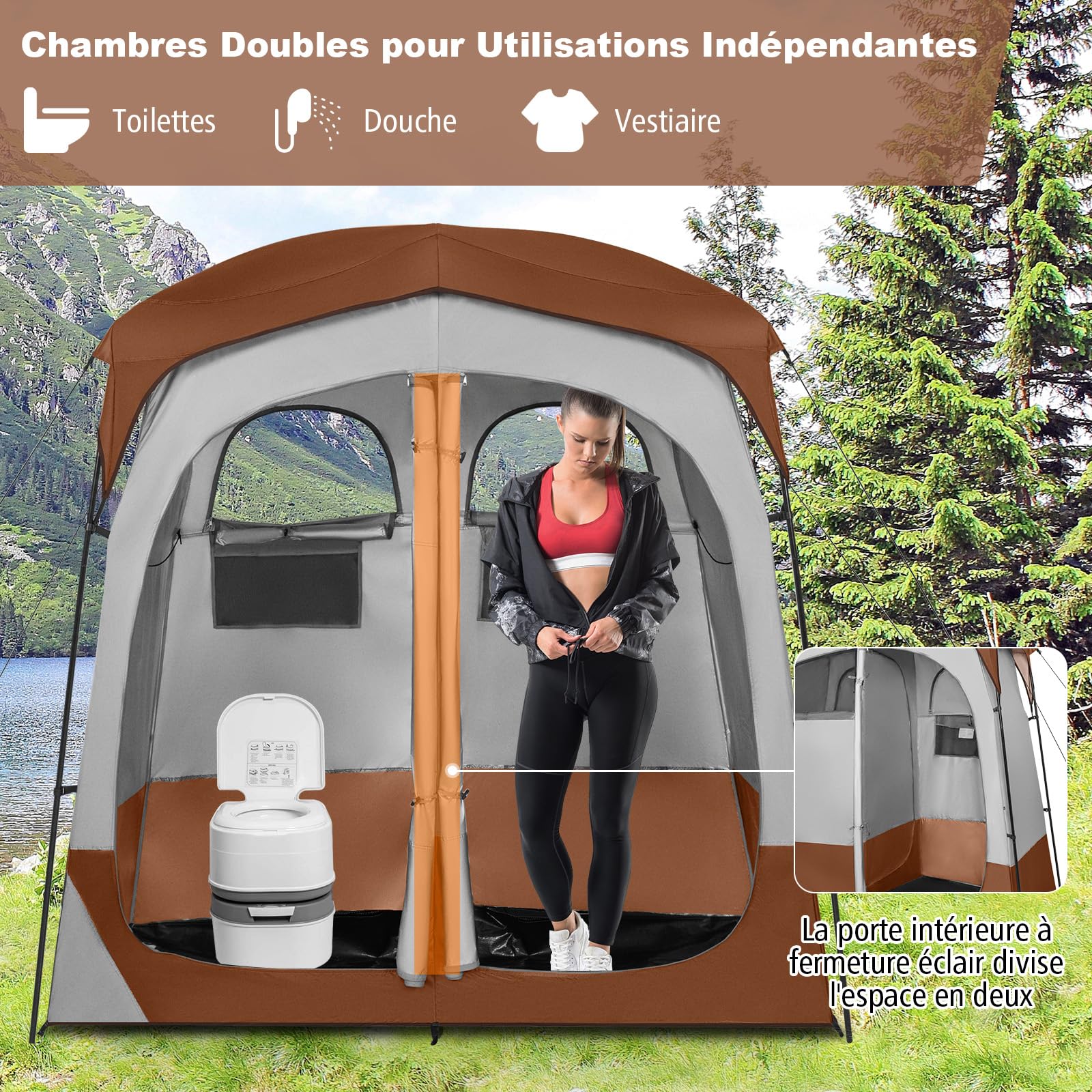 GOPLUS Tente de Douche 2 Personnes, Tente Cabine d'Essayage Portable avec Portes Zippées et 4 Fenêtres, Tente de Vestiaire avec Sac de Transport, pour Camping, Toilettes et Douche, Gris (Brun)