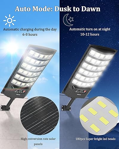 Miniatura 2 de Ofuray Luces solares de inundación para exteriores, 5 AH de alta potencia, luces de estacionamiento de seguridad solar del atardecer al amanecer con