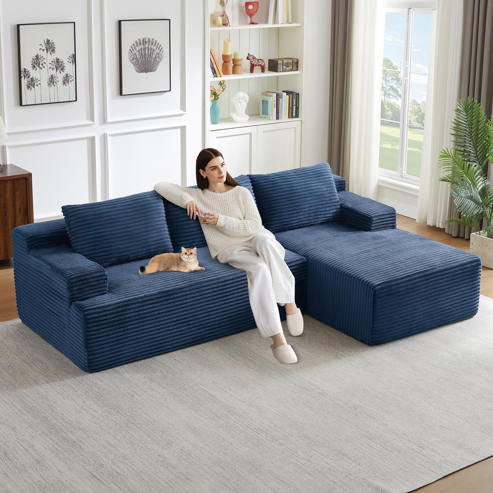 96" Modular Sectional Sofa, Modern Corduroy Cloud Couch with Side Pockets, Boneless Couch Upholstered 3-Seater L-Shaped Sofa for Living Room, No Assembly Required (Blue, Right-Facing Chaise)