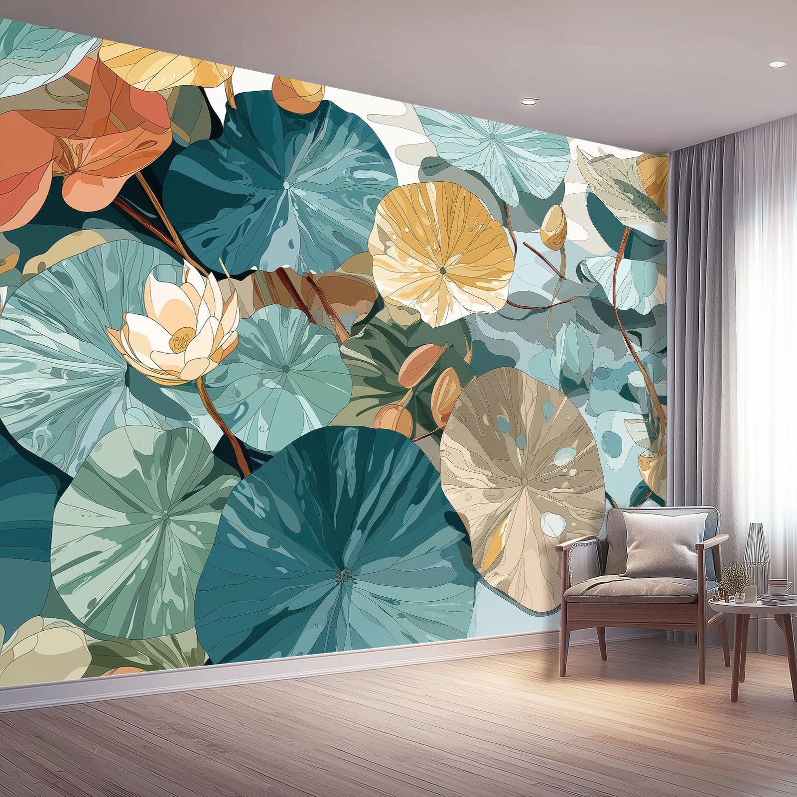 Fototapeta ścienna 250 x 175 cm (szer. x wys.), wzór rośliny boho lilia wodna, instalacja naklejana fototapeta do gabinetu i małej sypialni