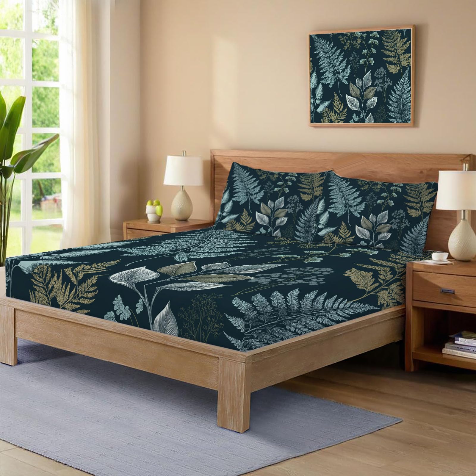 Sábanas 200X190/200Cm - Juego De Sábanas 3 Piezas Estampadas Helecho Dibujado A Mano - Microfibra Suave Transpirable - Sábana Bajera Ajustable - Ropa De Cama Plantas Vintage (Turquesa)