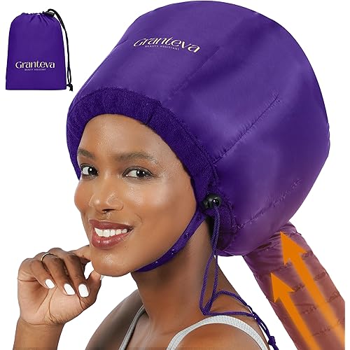 Bonnet Hair Dryer Attachment w/A Headband Integrated That Reduces Heat Around Ears & Neck - Diffuser Cap for Hair Dryer Curly Hair, Speeds Up Drying Time, Deep Conditioning at Home - Large (Purple)