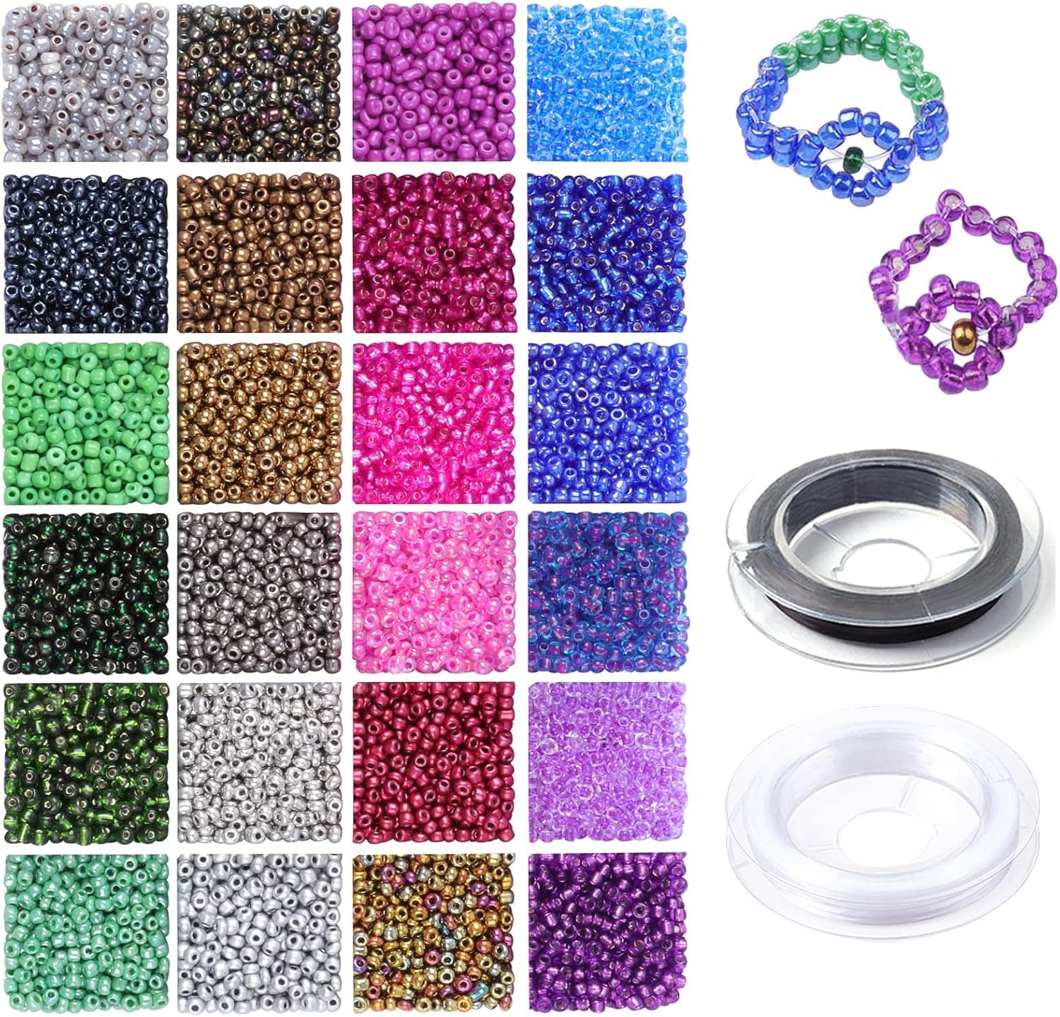 Prettme 7200pcs 2mm Neon Seed Beads,12/0 Small Craft Glass Beads with Elastic String, 24 Dazzling Colors for DIY Bracelets, Necklaces, Jewelry Making, Crafts — image 1