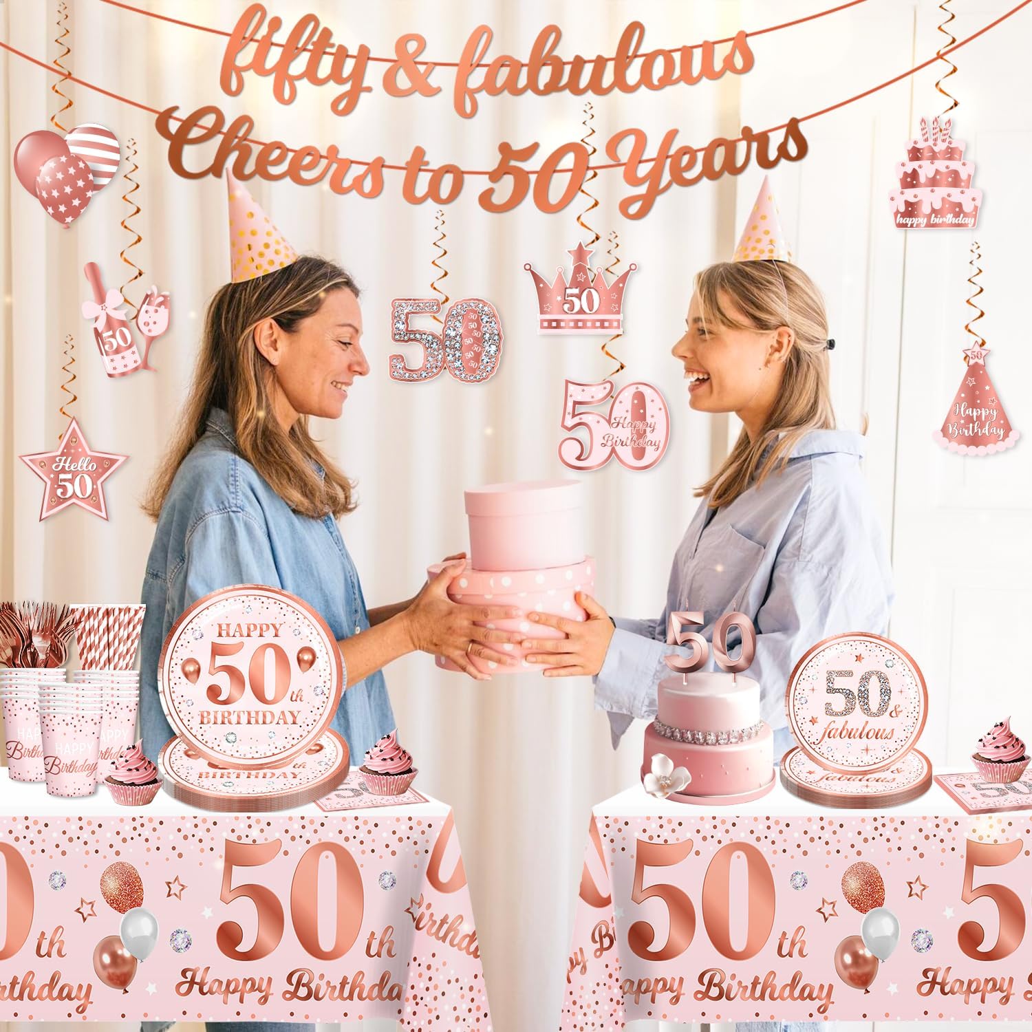 171Pcs 50th Birthday Decorations for Women Tableware Set Serves 25 Guests, 50 and Fabulous Supplies Include Banner, Candle, Plates and Tablecloth Etc, for Happy 50th Birthday Decorations - Image 5
