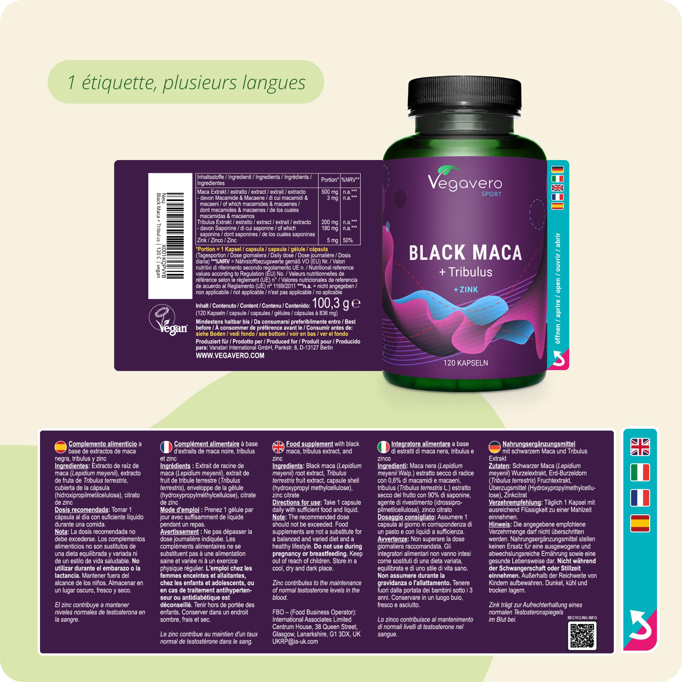 MACA Noire + TRIBULUS Terrestris | Complex EXTRA FORTE | 90% Saponines | Musculation + Endurance pour Hommes et Femmes | 120 Gélules (4 Mois) | VEGAN | Sans Additifs | Vegavero®