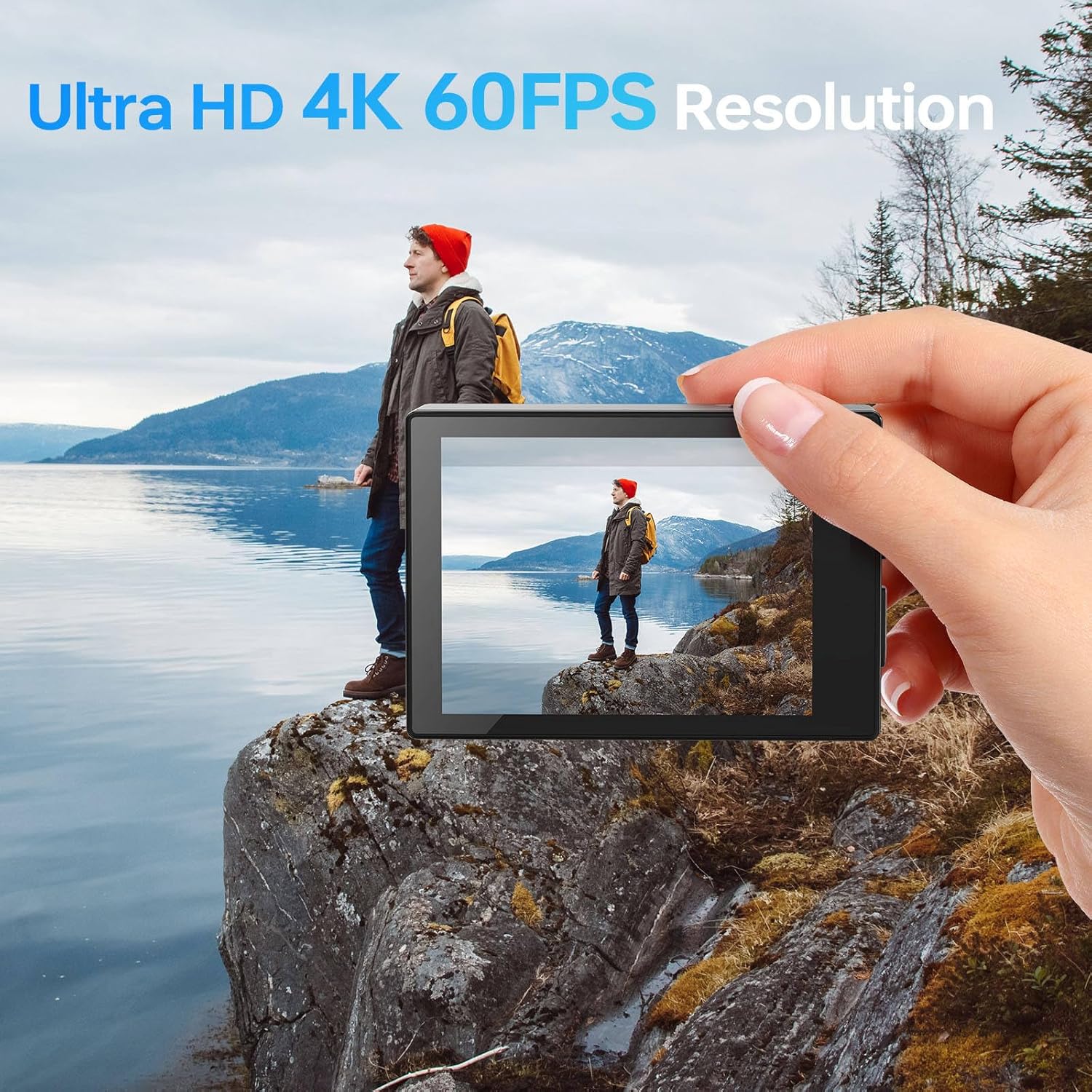 4K Action Camera - Dual Touch Screen, Underwater Sports Camera with WiFi, 170° Wide Angle,Vlogging Sports,Anti-Shake Long Battery Life - Free 64GB MicroSD Card