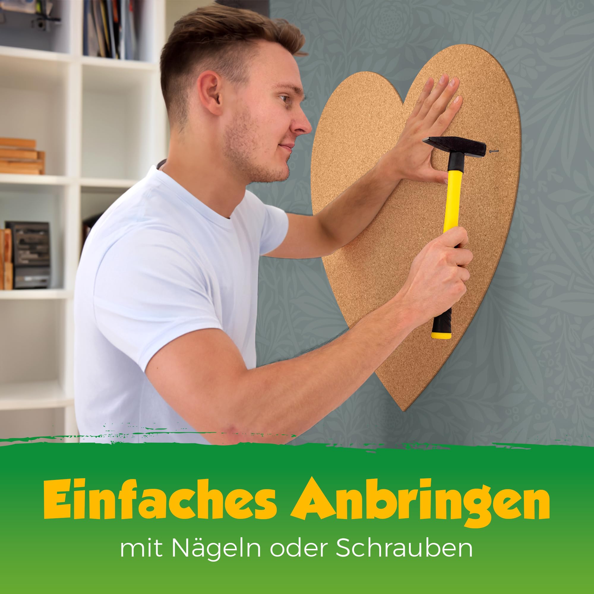 Umriss Herz. Kork-Pinnwand XXL 60 x 60 cm, hochwertige Wanddekoration | Praktisches Memoboard und natürliche Wandgestaltung in einem – Präzise Kork-Fertigung Made in Germany.