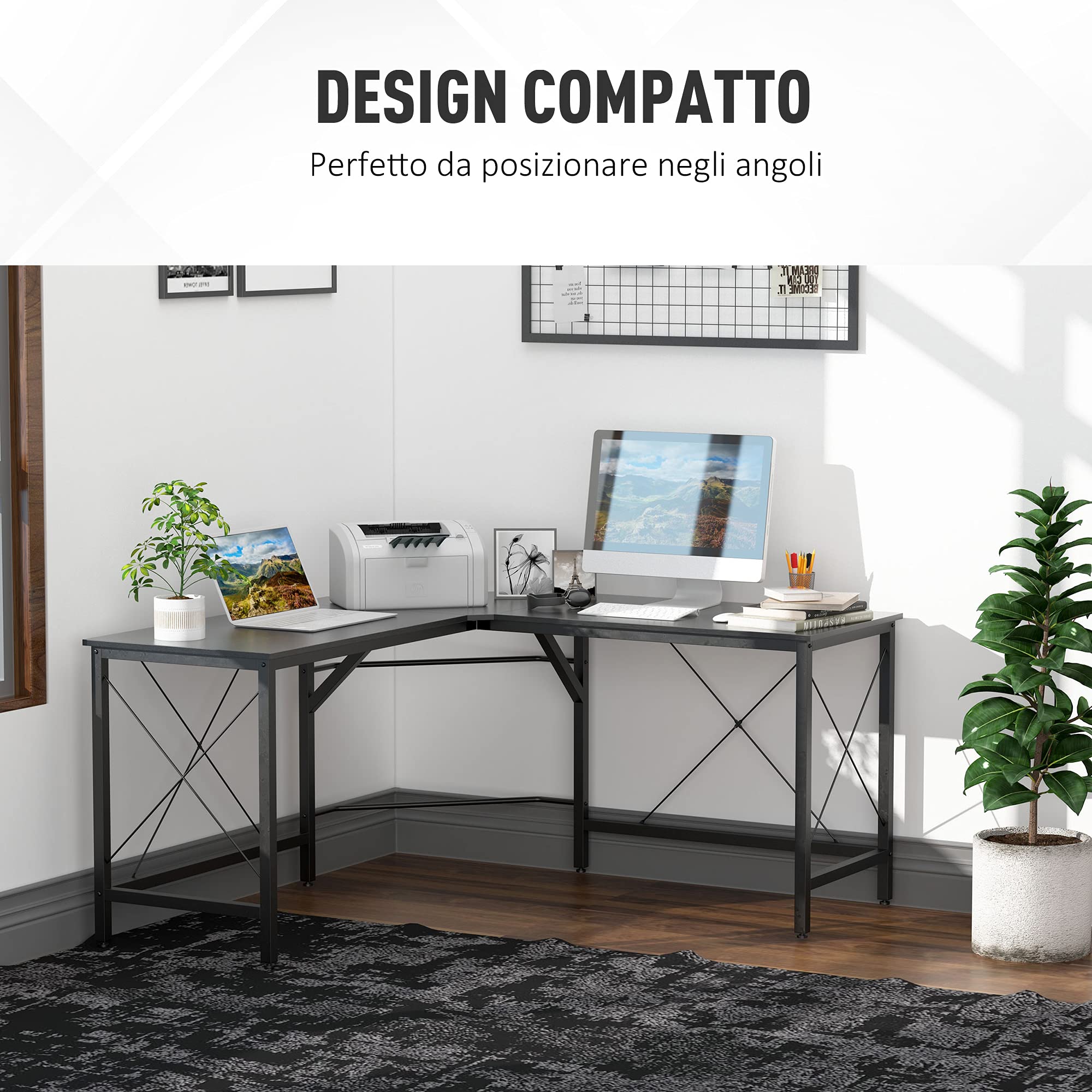 HOMCOM Scrivania Spaziosa Nera e Finitura in Rovere Perfetta Postazione da Lavoro per Casa e Ufficio a Forma di L con Soluzione Angolare Finitura in Rovere 150x150x76cm Nera