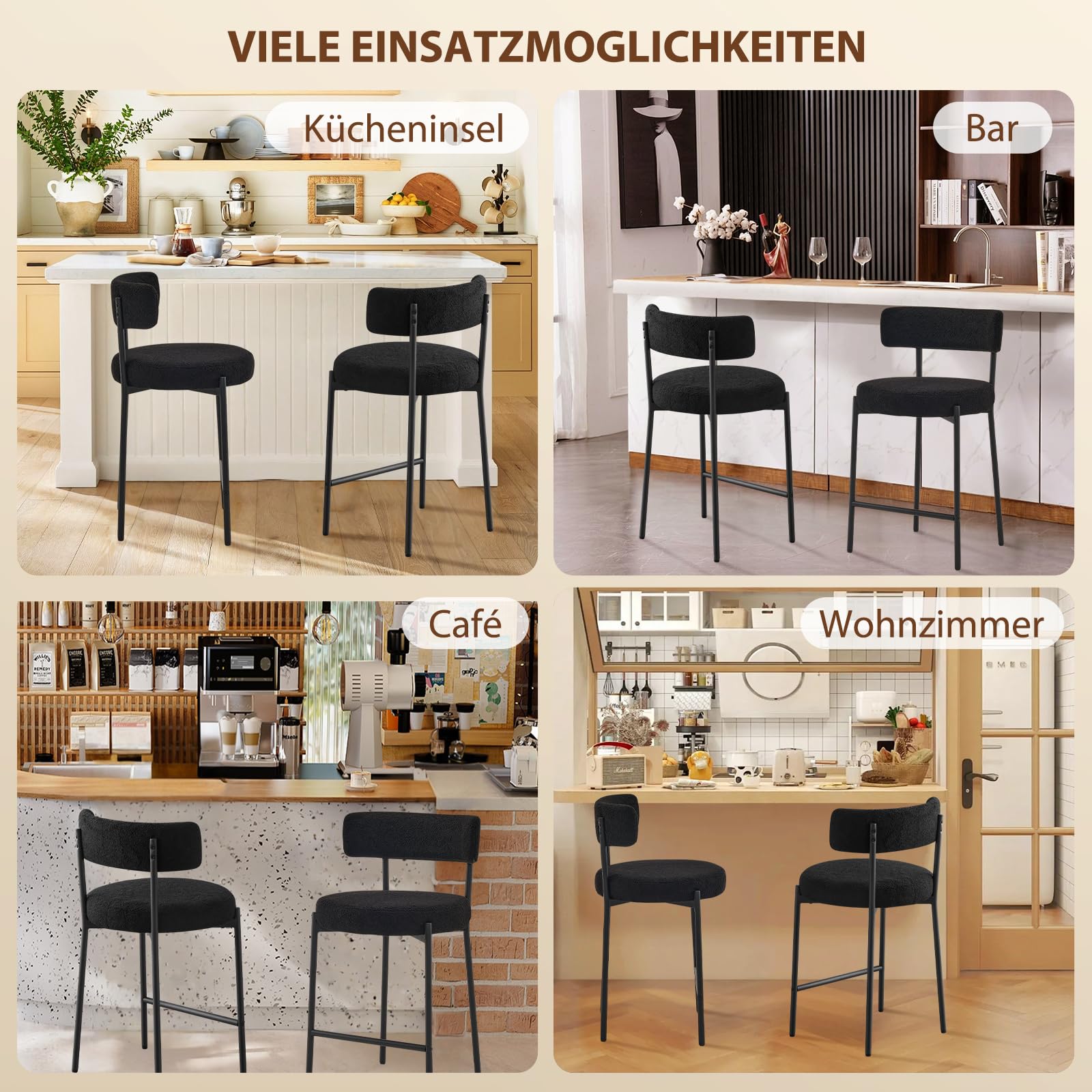 Set di 4 Sgabelli da Bar, Sgabelli da Bar Alti con Schienale, Sedie da Cucina con Poggiapiedi, Seduta alta 63,5cm per Bar, Caffè, Isola della Cucina, Nero