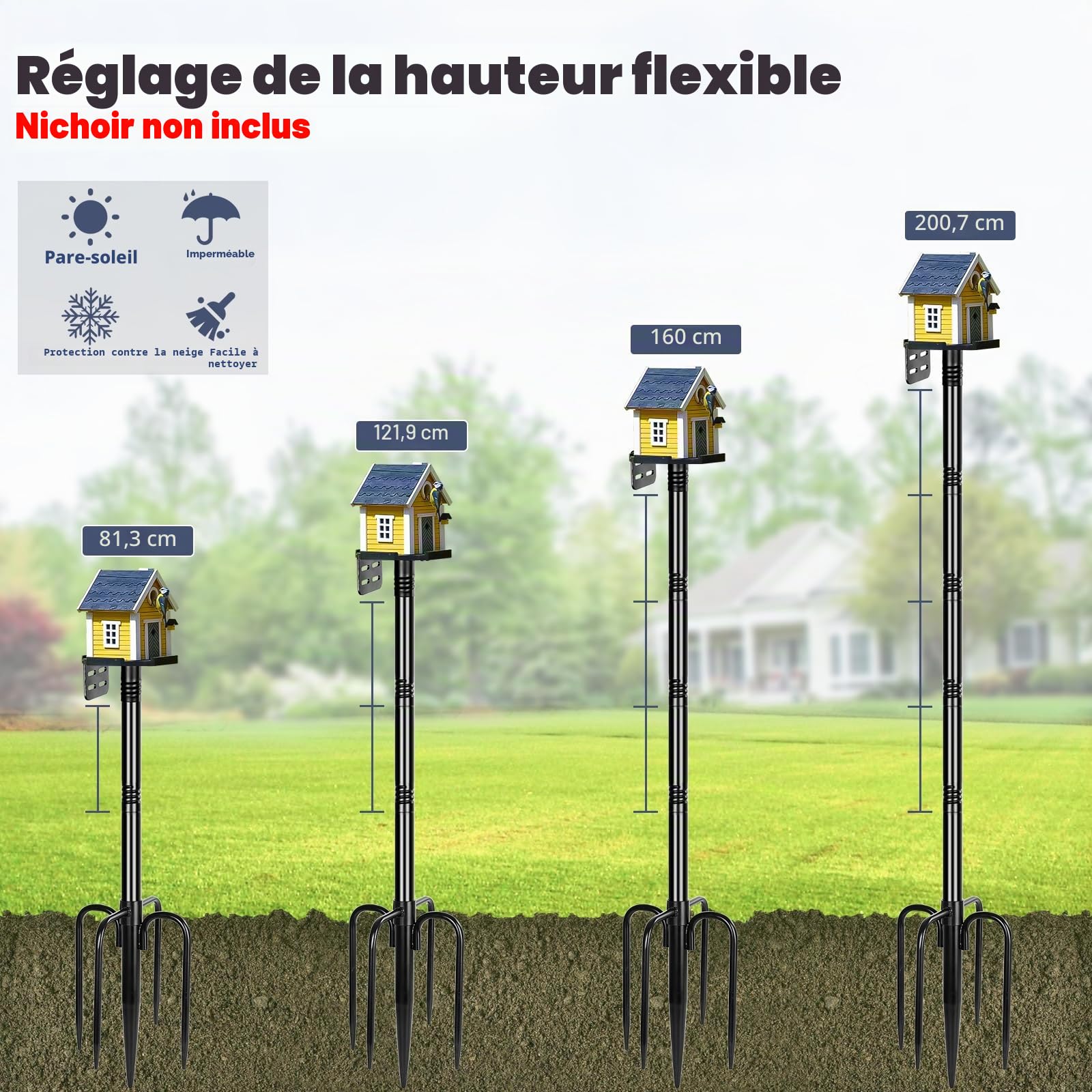 Gtongoko Poteau pour mangeoire à Oiseaux Intelligente, nichoir d’extérieur, Station météo, Poteau de Fixation en métal réglable et Robuste, Noir, 200 cm