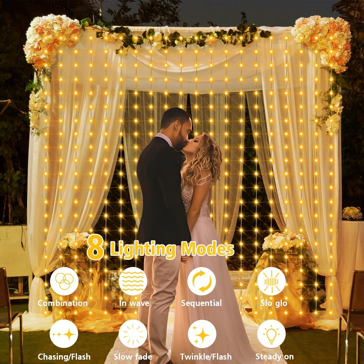 DBFAIRY Solar Curtain Lights 2.4M x 1.8M 144 LED Curtain Lights Outdoor Waterproof with Timer 8 Modes for Garden Patio Fence Gazebo Decor (Warm White) - Image 4