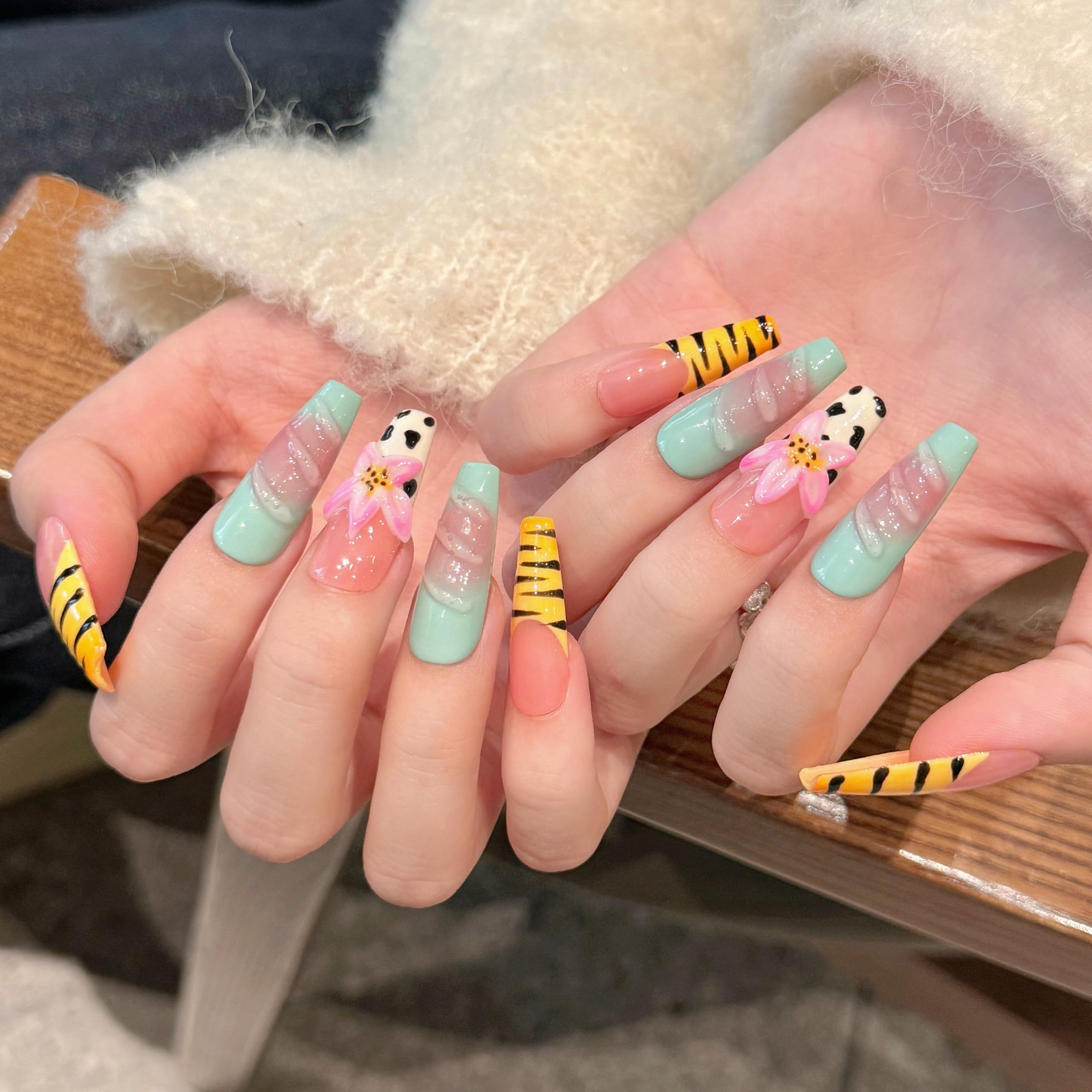 Handmade Press on Nails Long Coffin Muti-Layer Gel Fake Nails - 3D Lotus Flowers & Tiger Print, French Tip Glossy Thick Acrylic Nails (Playful Zebra with Lotus,S): S Cute Snowman