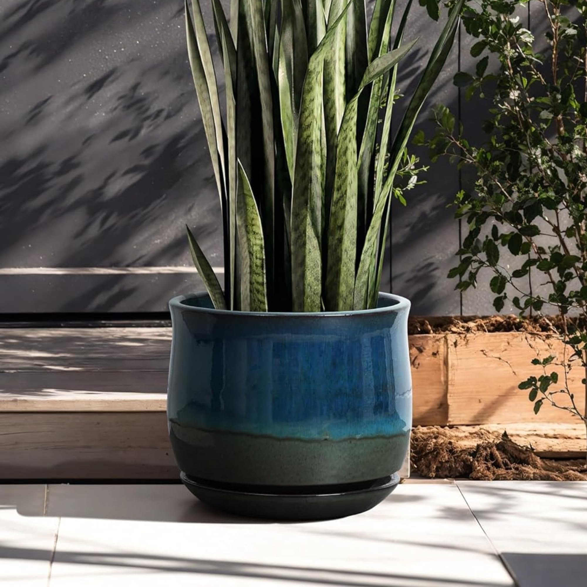 LuxenHome 12" Dia Ceramic Plant Pot, Indoor Outdoor Large Planter with Drainage Hole and Saucer, Blue and Green Gradient Glaze Flower Pot, Modern