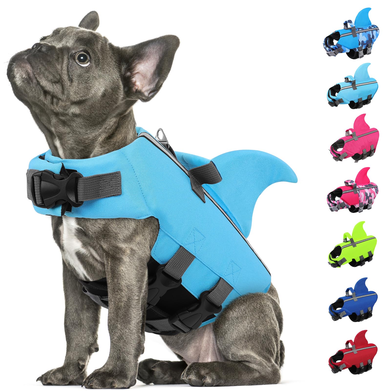 AOFITEE Hundeschwimmweste Hai Klein, Verstellbar Schwimmweste Hund Haiflosse mit Rettungsgriff, Reflektierende Hunde Schwimmweste Hohe Flotation Schwimmweste Rettungsweste für Kleine Hunde, Blau, S