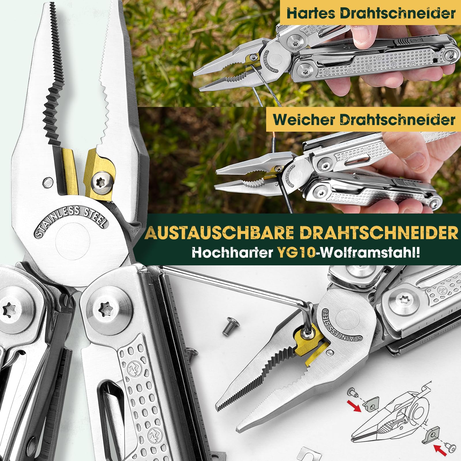 Multper Multitool Werkzeug, Geschenke für Männer, Aufgerüstetes Multi Tool Edelstahl Faltbares mit Damastmesser, Drahtschneider und Schraubendreherset, Multifunktionszange für Outdoor und Camping