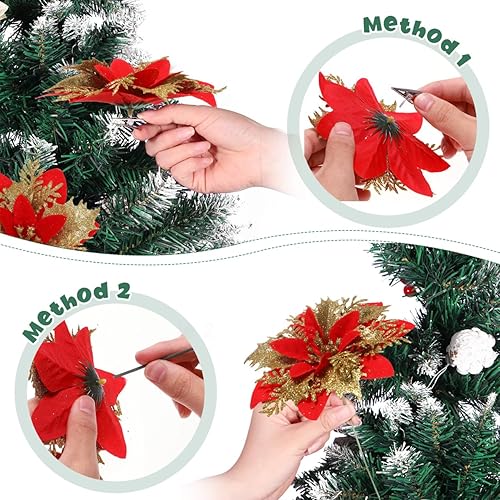 Miniatura 6 de Flores de Pascua de Navidad con purpurina, flores artificiales para árbol de Navidad, decoración de flores con clips y tallos para coronas de fiesta