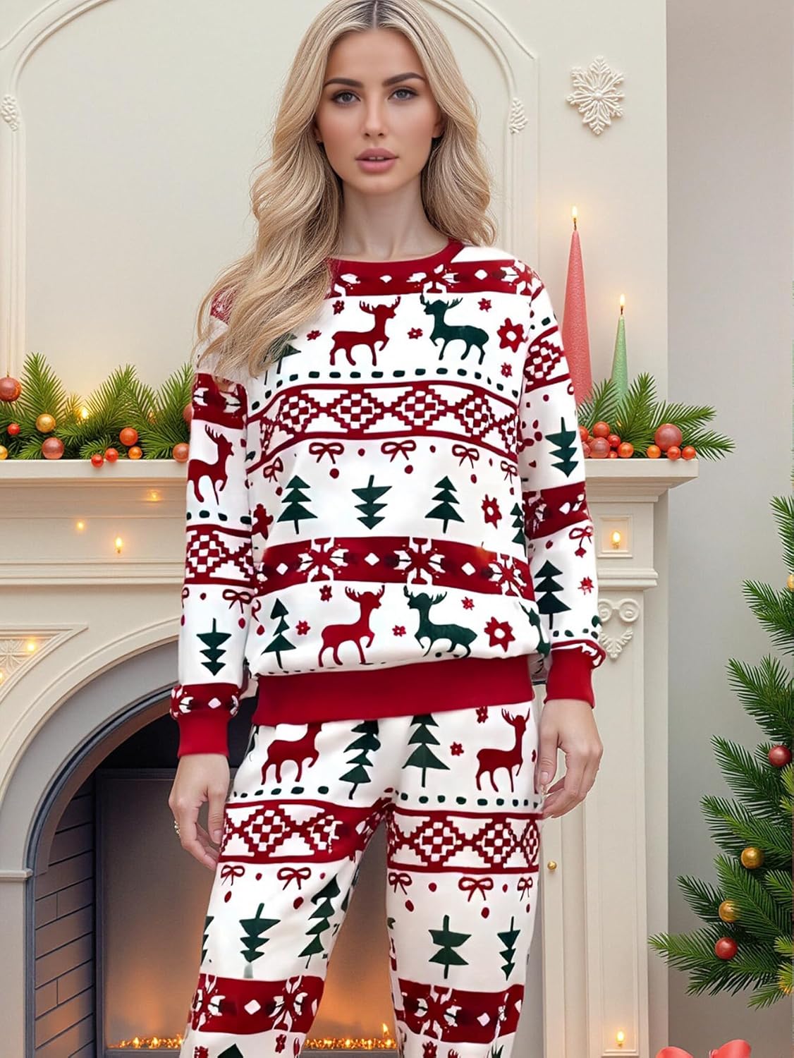 Matching Pajamas Set Long Sleeve Crew Neck Tops and Pant Couples Pjs Casual Sleepwear Sets Loungewear for Women Men - Image 2
