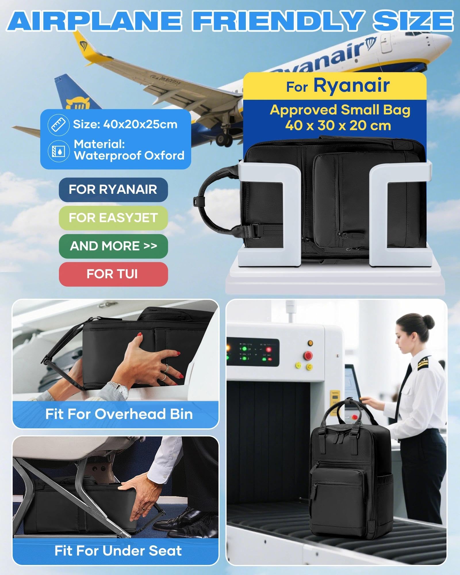 SZLX Zaino Ryanair 40x20x25 Donna Zaino da Viaggio 40x30x20 Sottovuoto con pompa Bagaglio a Mano Sottovuoto Uomo Borse da Cabina 45x36x20 Easyjet con scomparto per scarpe per Laptop da 14 Pollici