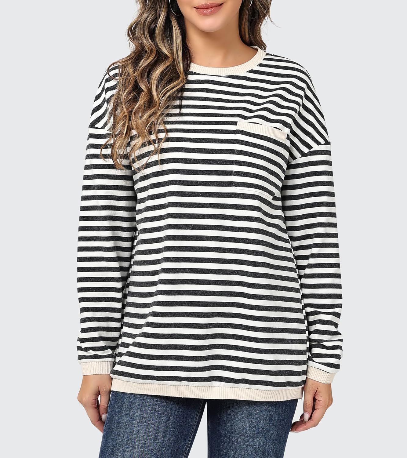 Women's Fall Long Sleeve Sweater Crew Neck Color-Block Striped Hoodie Knit Pullover Sweatshirt - Image 3