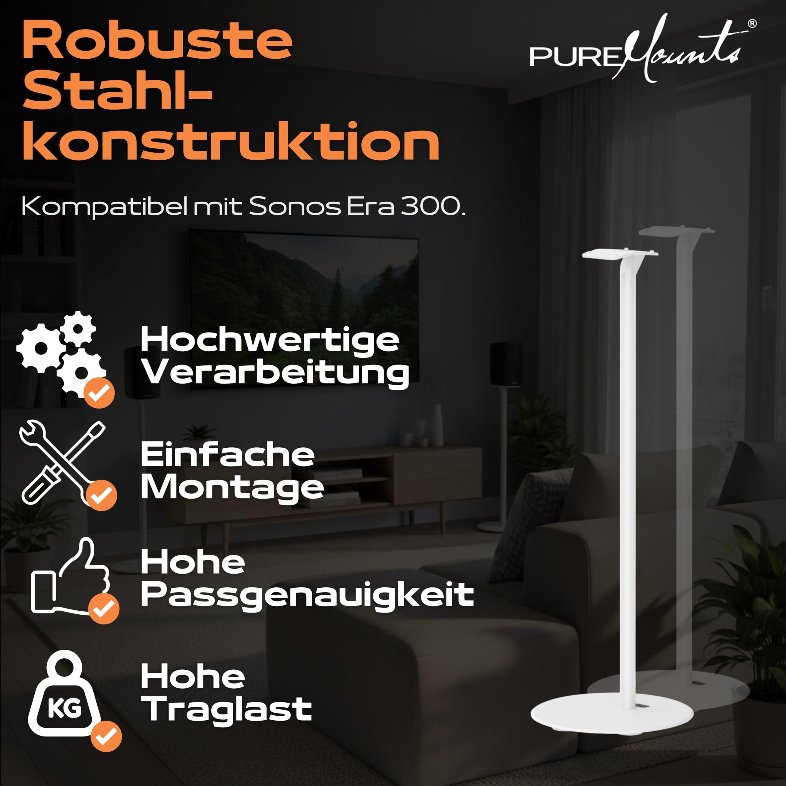 PureMounts Lautsprecherständer für Sonos Era 300, Lautsprecher Ständer, Boxenständer mit Kabelmanagement, 5Kg Tragkraft, weiß