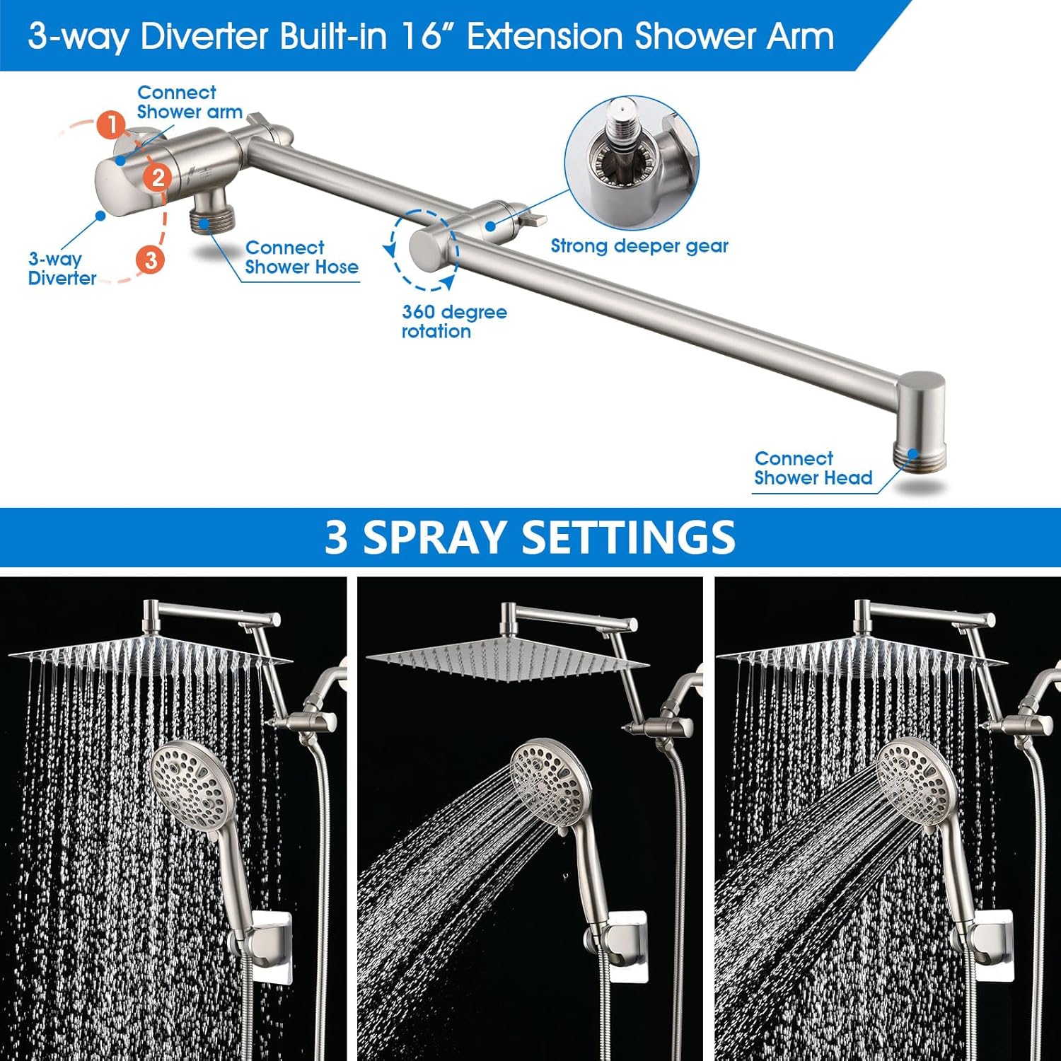 PDPBath 10" Rainfall Shower Head with Handheld Spray, Dual Rain Showerhead with High Pressure 10-Setting Wand Combo, 16" Adjustable Extension Arm Build-in 3-way Diverter, 6ft Hose -Brushed Nickel