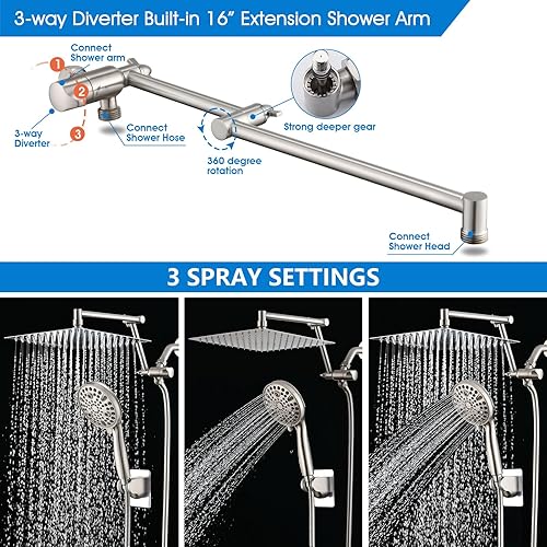 Miniatura 4 de PDPBath Cabezal de ducha tipo lluvia de 10 pulgadas con rociador de mano, cabezal de ducha de lluvia doble con combo de varilla de 10 ajustes de