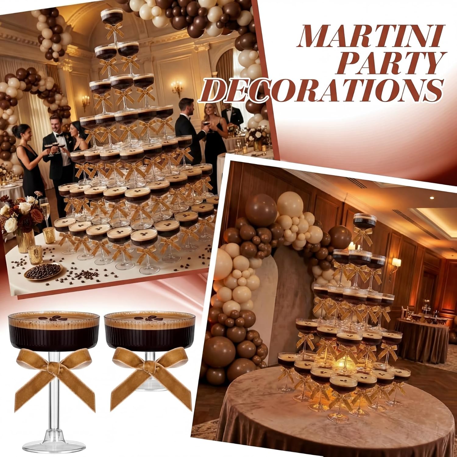Rtteri 36 Pcs Espresso Martini Birthday Party Decor 5 oz Acrylic Coupe Acrylic Champagne Tower with Velvet Ribbon Bachelorette Bridal Shower Decoration