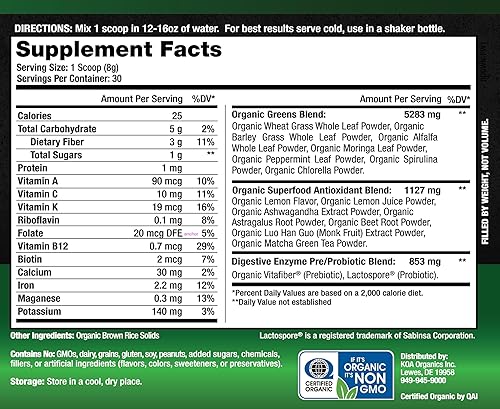 Miniatura 2 de Greens Superfood Juice Powder - Polvo orgánico USDA Super Greens con espirulina, clorella, matcha, pasto de trigo, enzimas digestivas y probióticos