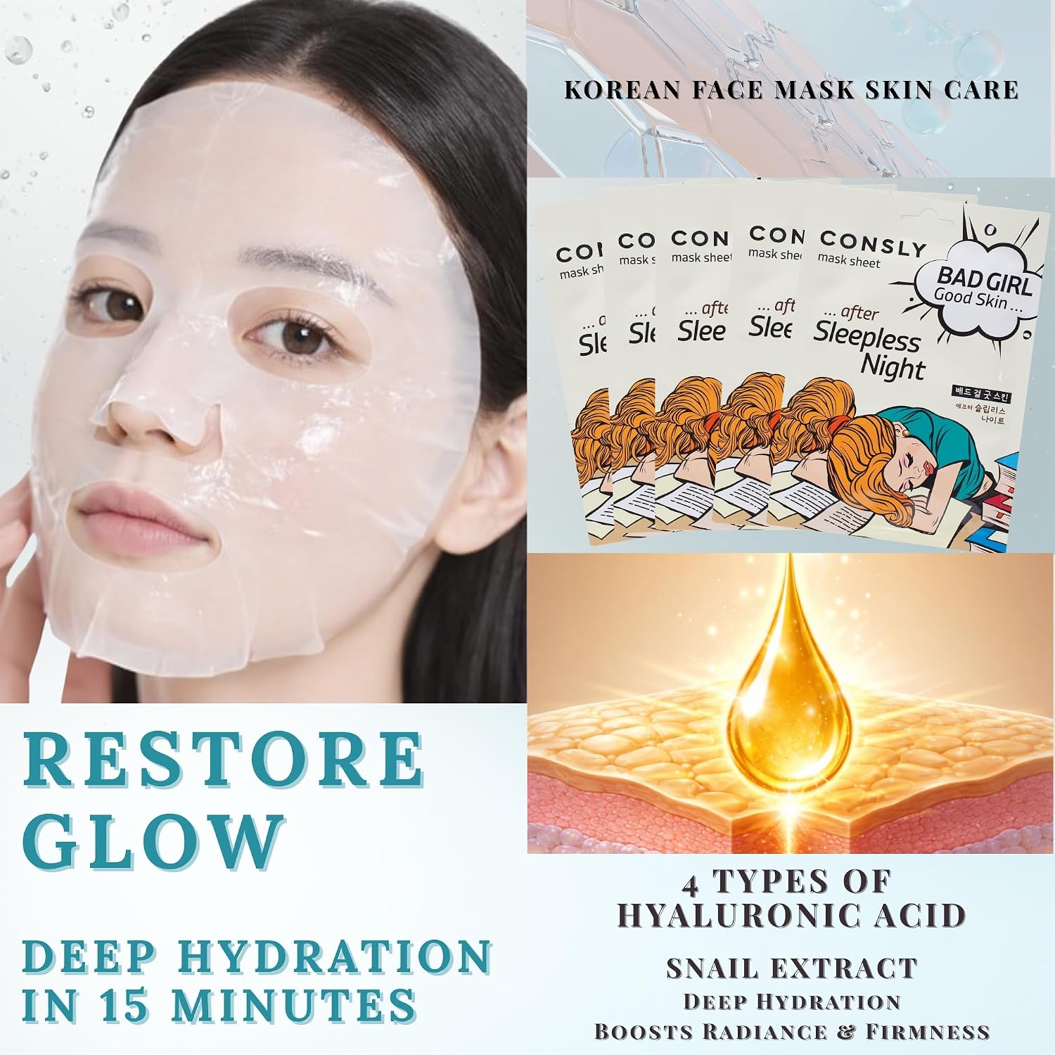BAD GIRL Korean Sheet Mask Pack – After Sleepless Night | Hydrating & Revitalizing Face Mask | 5 Pack | K-Beauty Skincare | Made in Korea | 23 ml Each