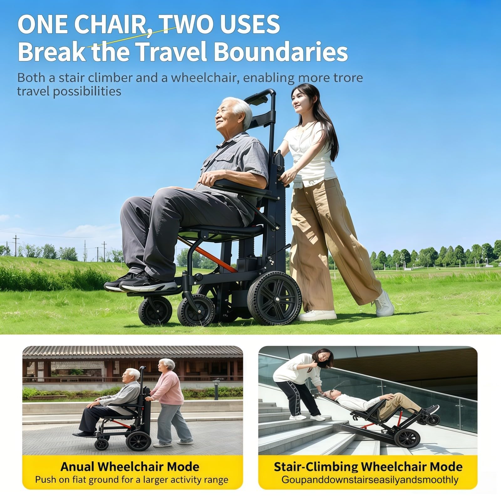 Silla De Ruedas Eléctrica para Subir Escaleras, Estructura De Aleación De Aluminio, Manillar Elevable,Batería De Litio De 13 A Y 24 V,para Personas con Discapacidad Y Personas Mayores.