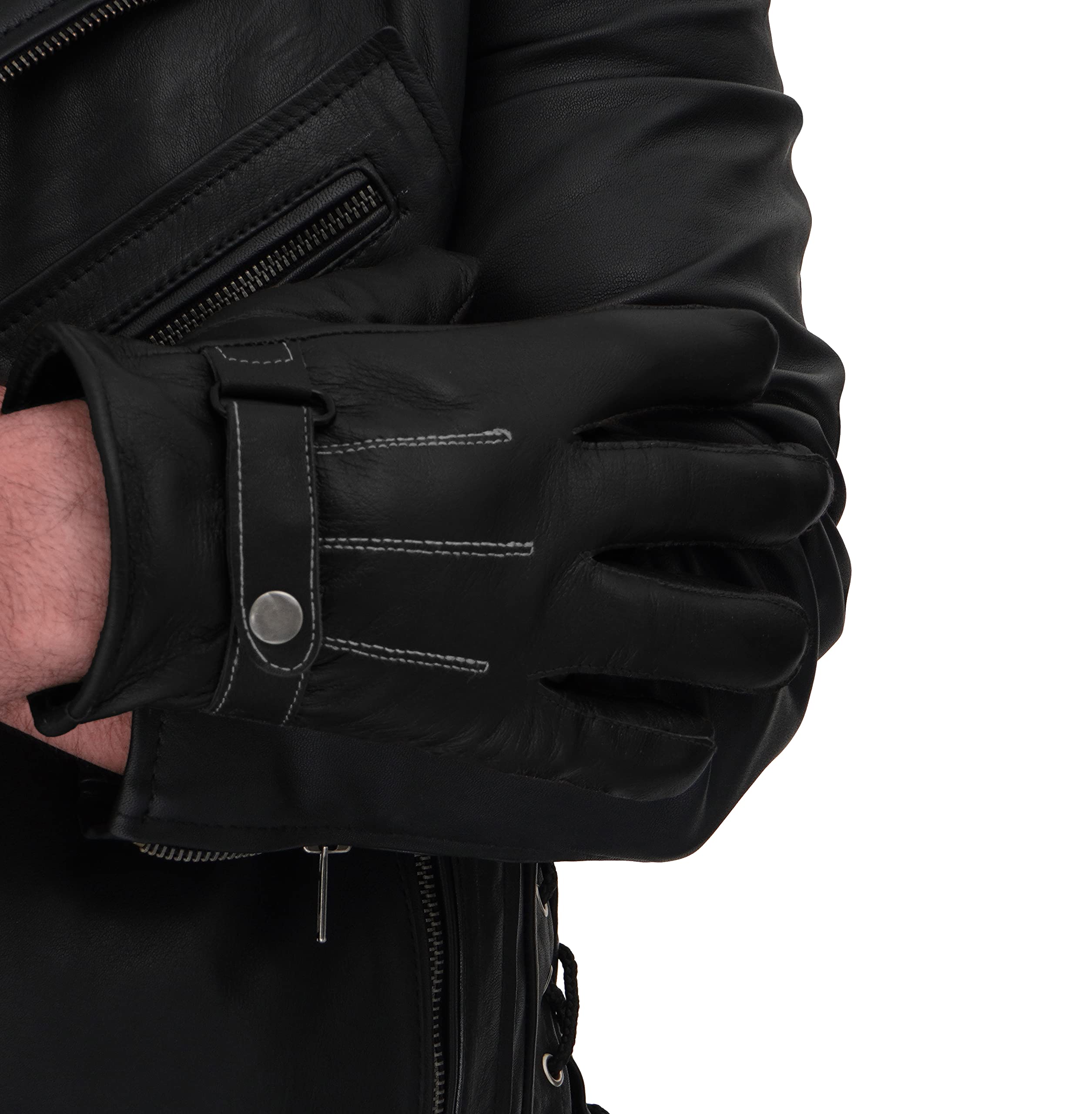 URBAN BUCK Mens Real Leather Driving Gloves Warm Winter Thin Harold Button Down Black Riding Glove (XXL)