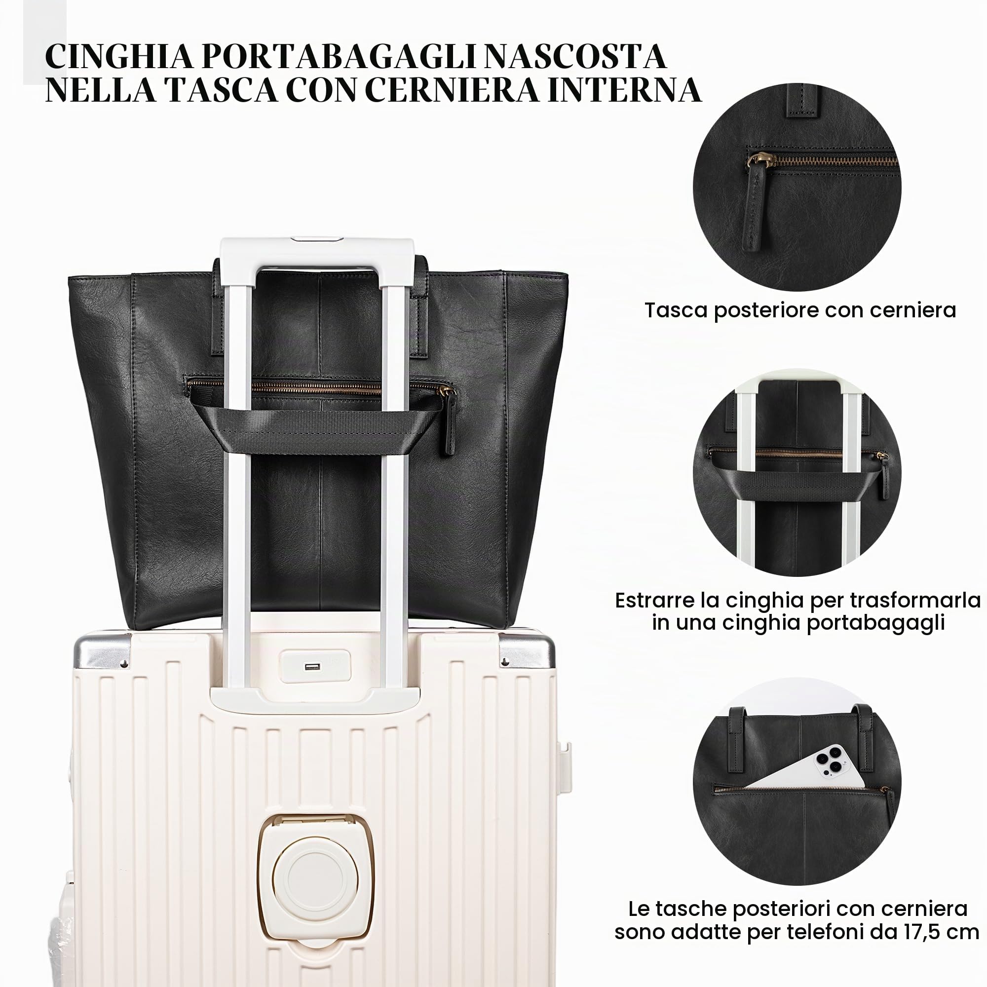 befen Borsa a Mano Donna Grande in Vera Pelle con Vano Laptop 15,6 Pollici, Borsa da Lavoro Tote Bag Shopper Versatile con Zip e Passante per il Trolley