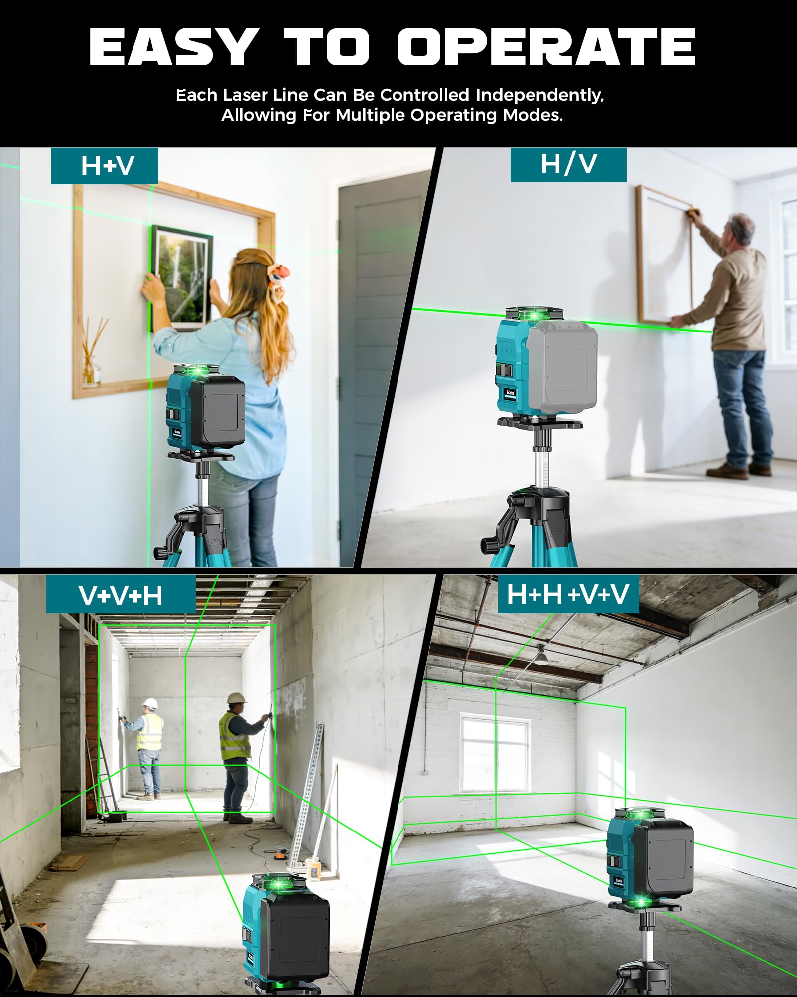 Ecarke Nivel Laser 4D con 16 Líneas Horizontales, 4x360°, Trípode, Compatible con Batería Makita 18V, Nivel Láser Autogestionado para Obras de Construcción, Azulejos y Renovación (Solo Herramienta)