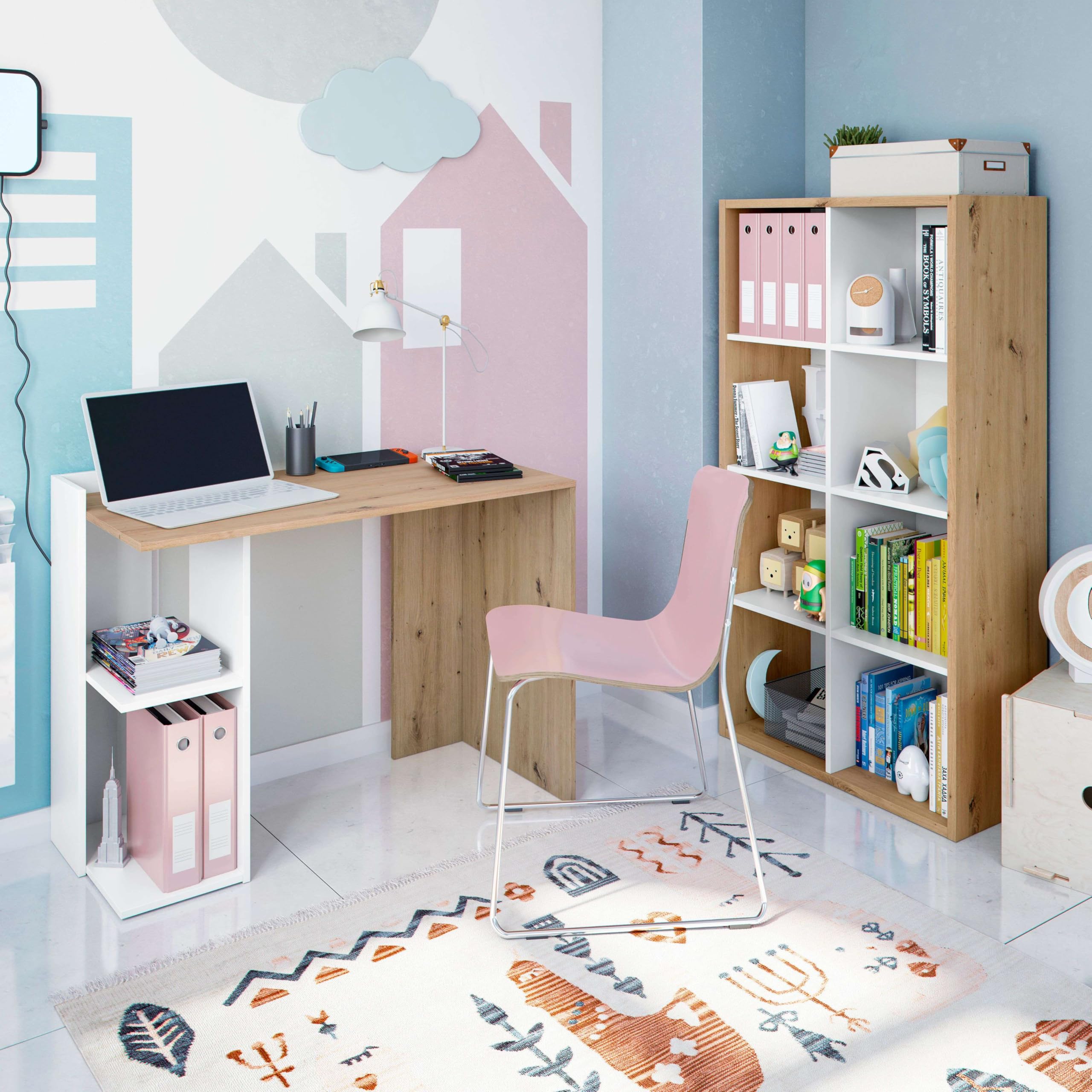 Habitdesign - Mesa de Estudio Reversible con Estantes, Escritorio, Mesa de Despacho, Color Roble Nodi y Blanco Artik, 100x78x52 cm - Modelo Kenia