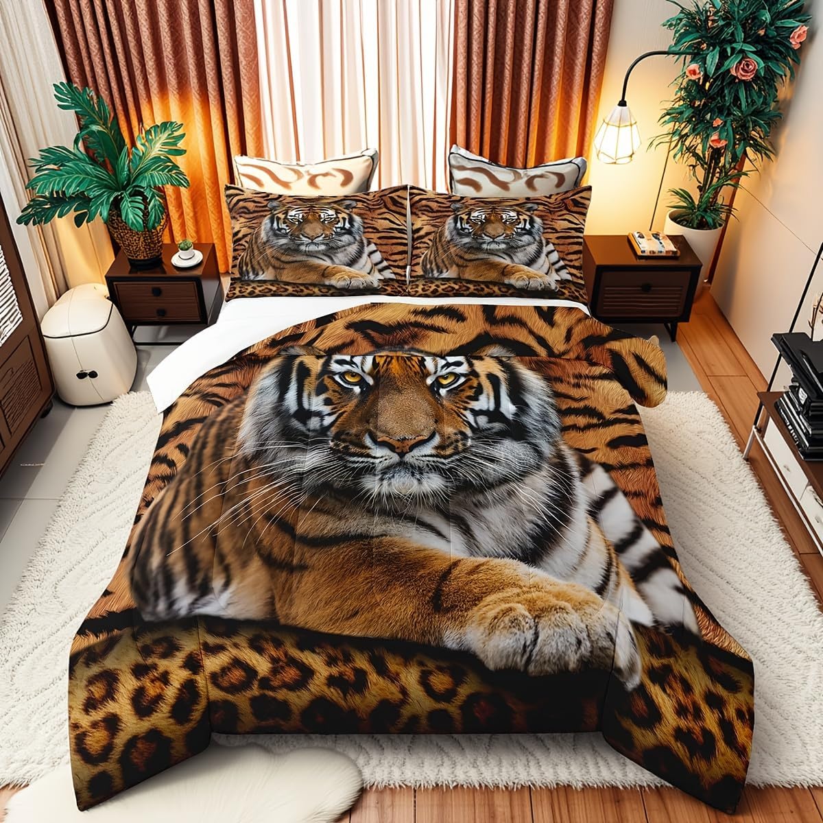 Manfei Tiger 3D Print Comforter Set Queen Size Wild Animals Bedding Set 3pcs for Kids Teens Room Decor,Animal Fur Quilt Set Soft Breathable Duvet Insert with 2 Pillowcases