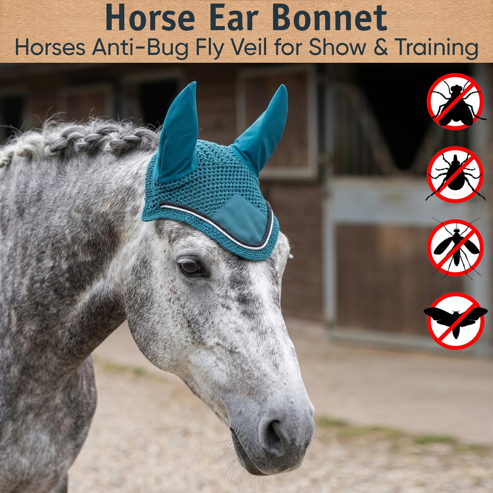Spire Voile de protection pour cheval en coton respirant doux au crochet pour les oreilles (complet, vert foncé/noir-blanc)