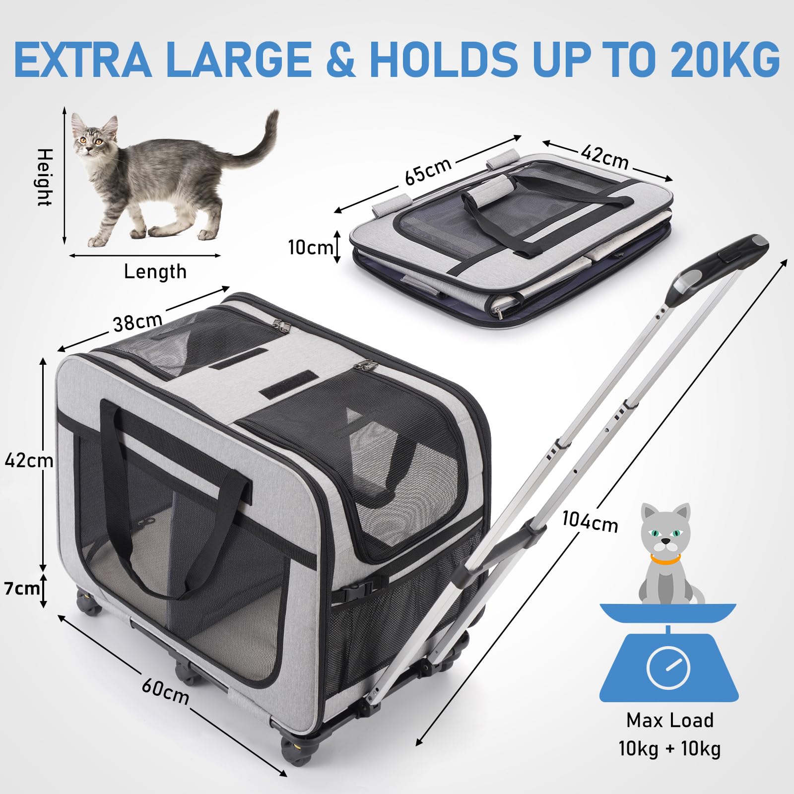 Trasportino Trolley XL per 2 Gatti Grandi o Cani Piccoli, 6 Ruote Stabili, Spazio Ampio 2-in-1, Fino a 20 kg, Con Mesh Traspirante e Manico Telescopico