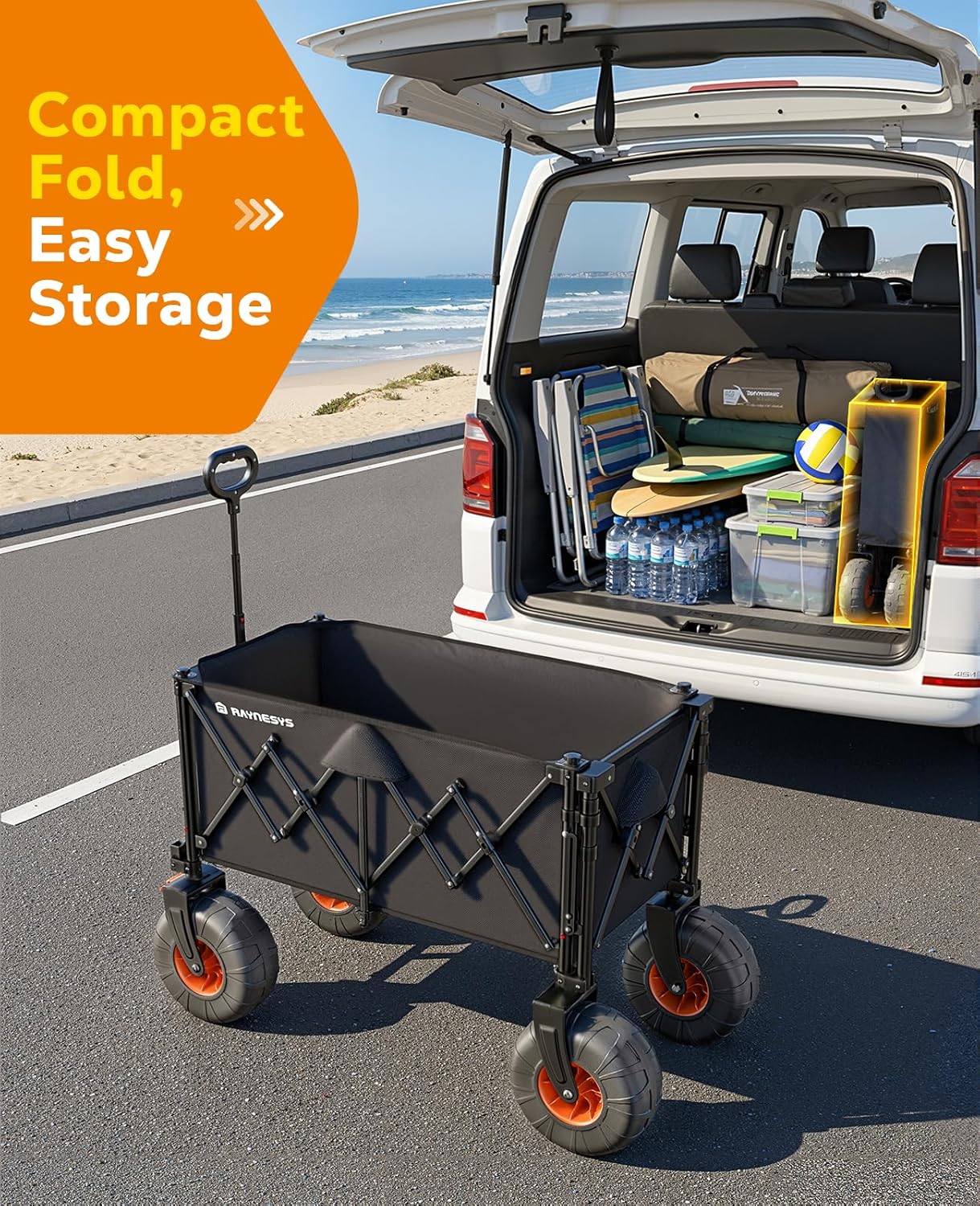 Beach Wagon with Big Wheels for Sand, 440lbs Wagons Carts Foldable with 9x4 All-Terrain Wheels, Rear Tailgate, 200L Capacity, Heavy Duty Collapsible Beach Cart for Garden Sports Camping Outdoor