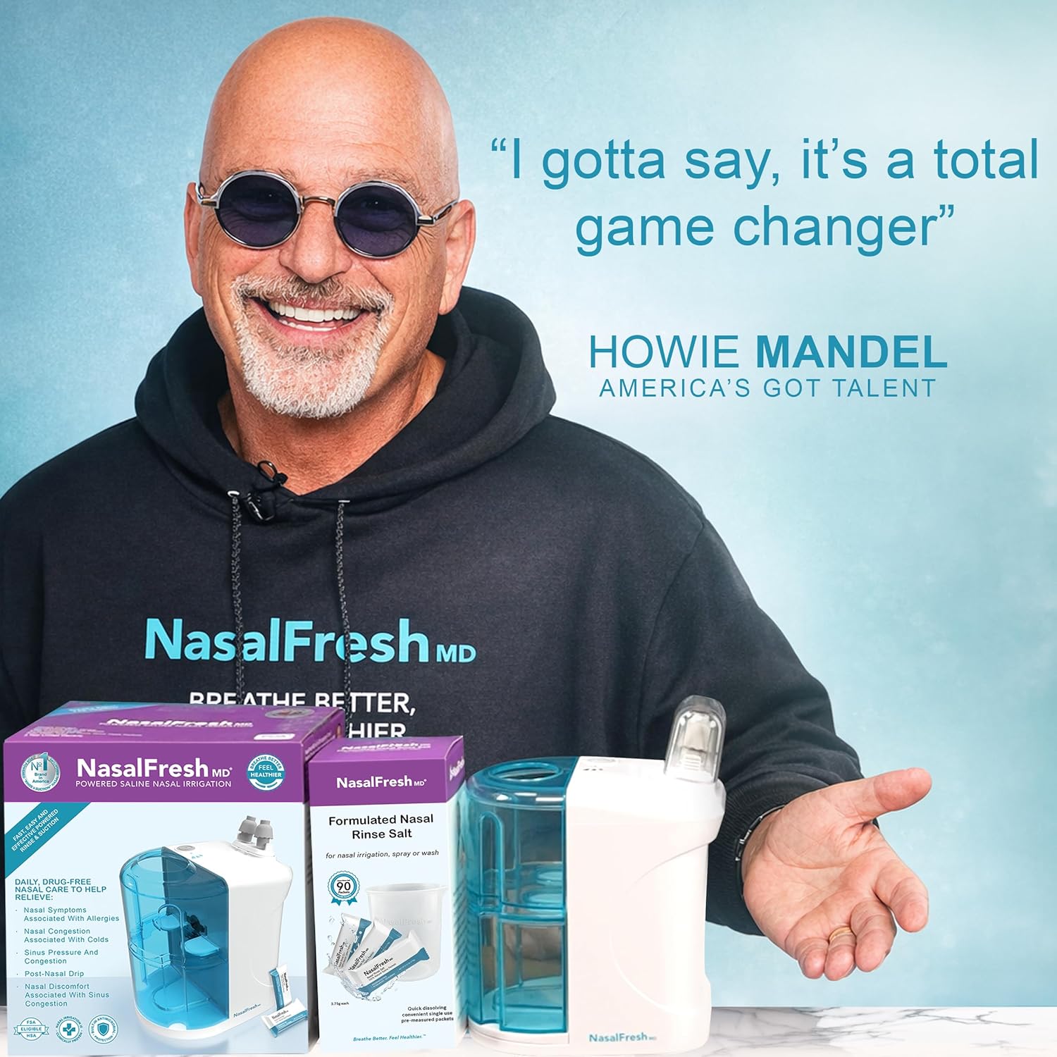 NASALFRESH MD Premium Bundle–Dual Powered Nasal Irrigation System Nasal Rinse and Wash, Sinus Decongestant Relief System, 60 Saline Packets, Case, Rechargeable, 2 Sets of Nose Pillows–Snoring Remedy