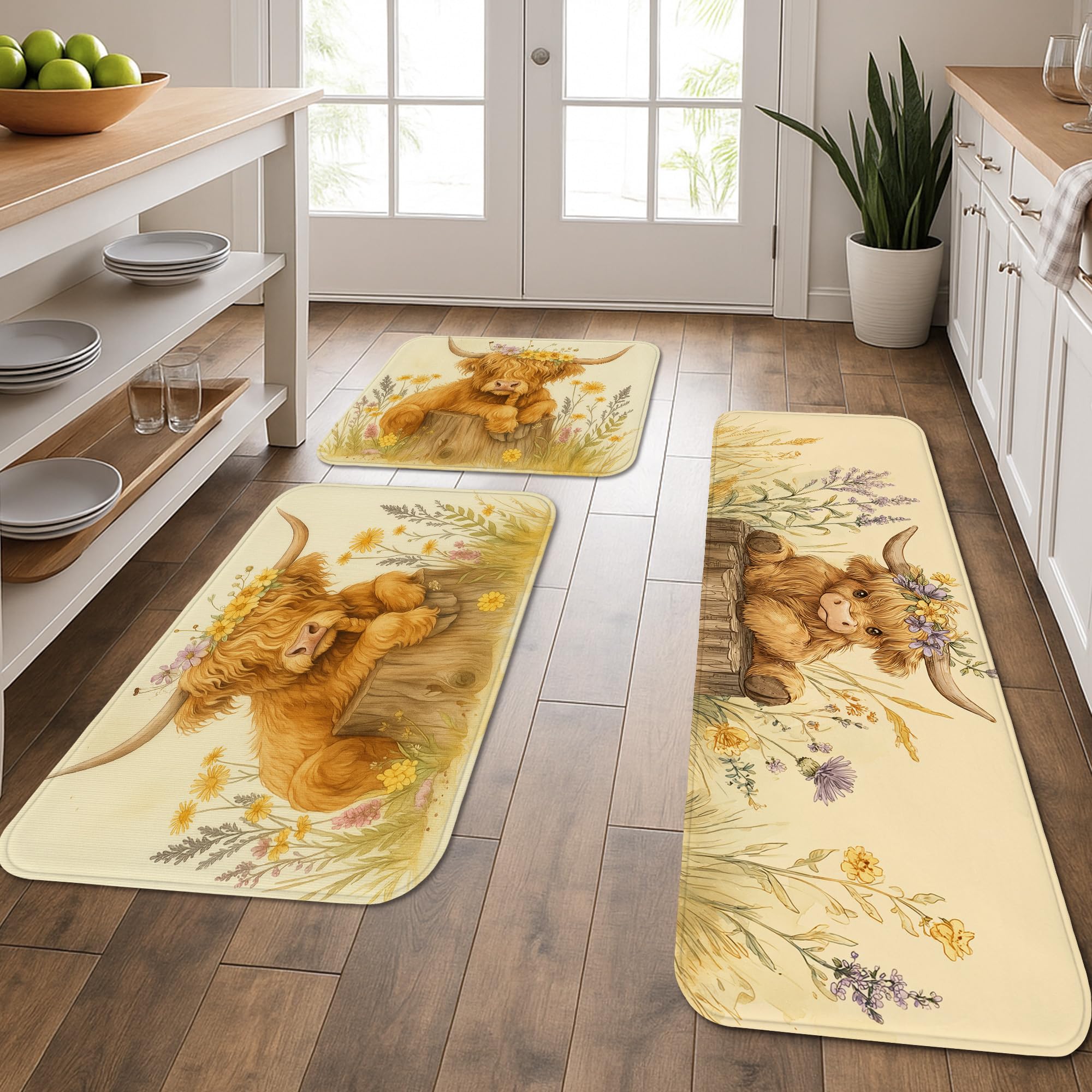 Highland Cow Kitchen Mats for Floor, Fanciful Animal Art Soft Mats, Cushioned Comfort Washable Non Slip Decor Rugs for Kitchen Sinks Laundryroom Bathroom 3Pcs