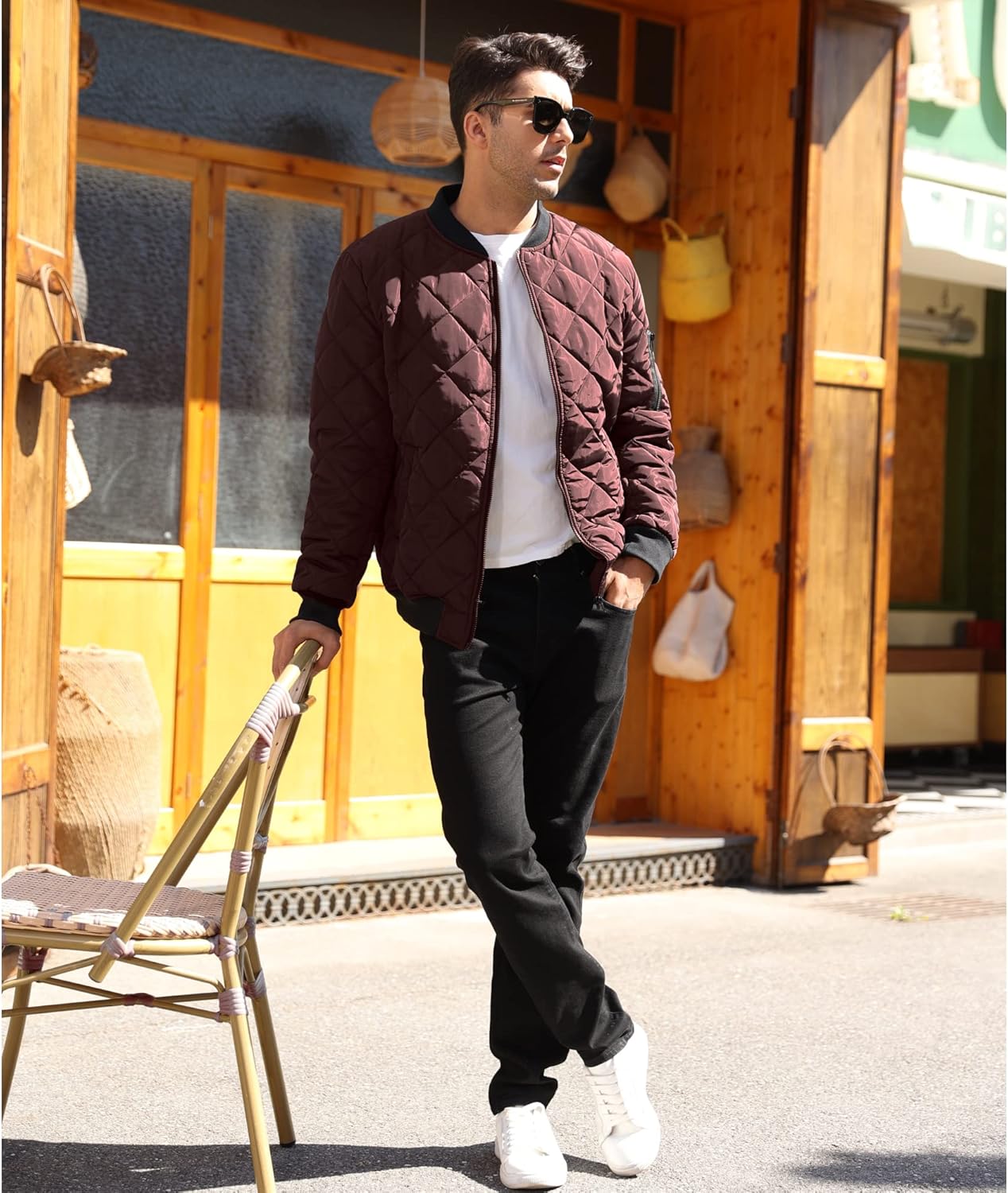 Mens Bomber Jackets Diamond Quilted Fall Winter Rib Varsity Lightweight Coat - Image 4