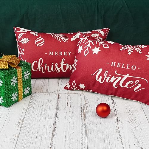 Miniatura 5 de ONWAY Juego de 2 fundas de almohada navideñas de 12 x 20 pulgadas, color rojo de granja con texto en inglés "Merry Christmas", fundas de cojín Xmax