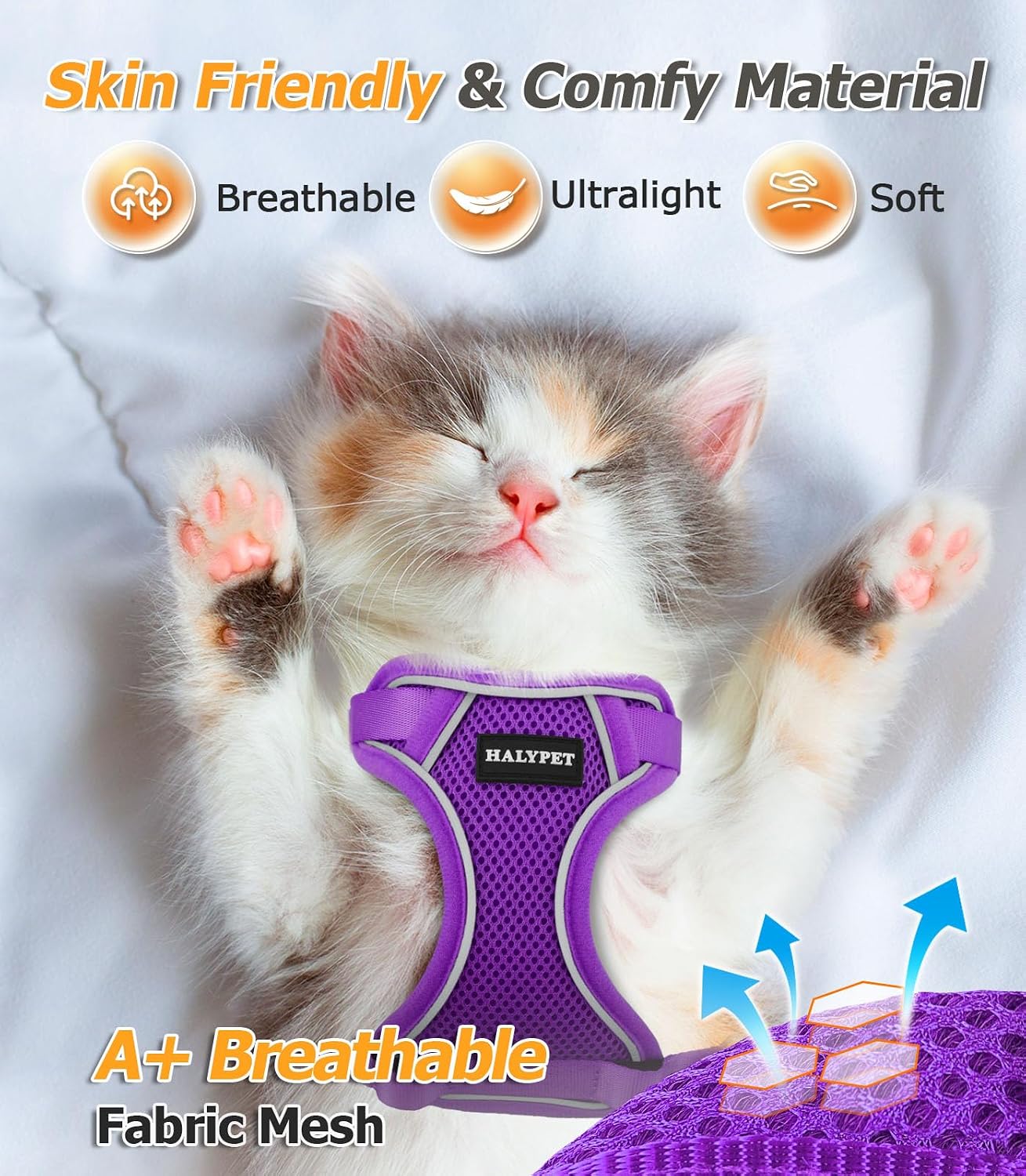 halypet cat harness and leash set [max safety 4th-gen upgrade] escape proof adjustable cat leash comfortable soft vest easy to wear kitten harness with reflective strip for cats walking, s purple h600 pro purple small (7-12lb)